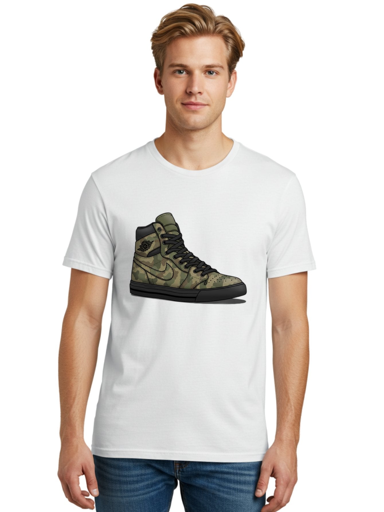 Camo-Jordan-1 Men'S Graphic Tee, 100% Cotton, Comfortable Casual Summer Wear, Machine Washable, Camouflage Nike Shoe, High-Top Sneakers, Black Laces, Nike Swoosh Logo, Streetwear Fashion, Athletic Footwear, Camouflage Pattern, Black Sole Baa247 24
