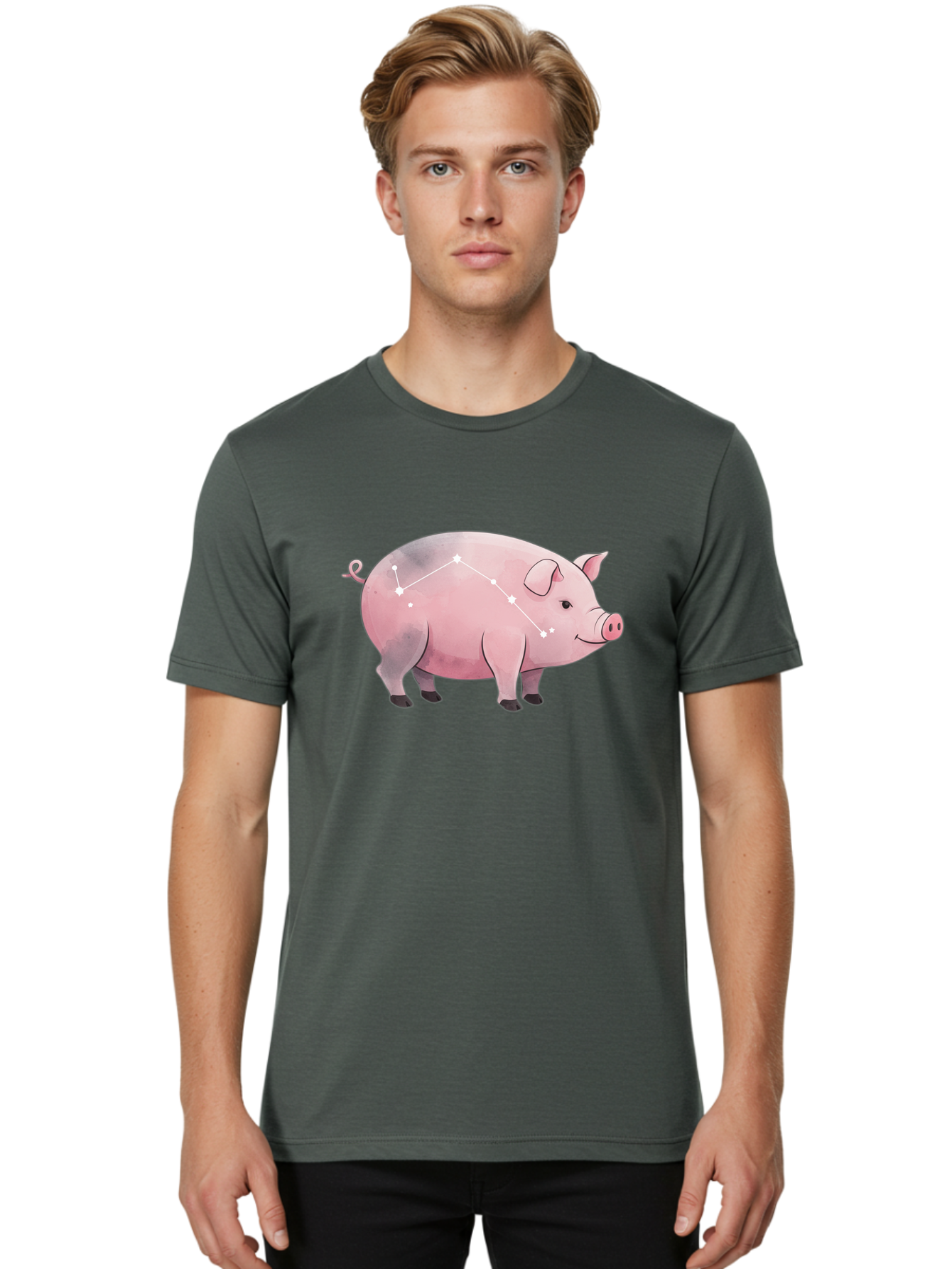Cancer Men'S Graphic Tee, 100% Cotton, Comfortable Casual Summer Wear, Machine Washable, Cartoon Pig, Zodiac Sign, Astrology Symbol, Constellation Pattern, Cute Animal Illustration, Starry Design, Funny Pig Graphics Baa249 22