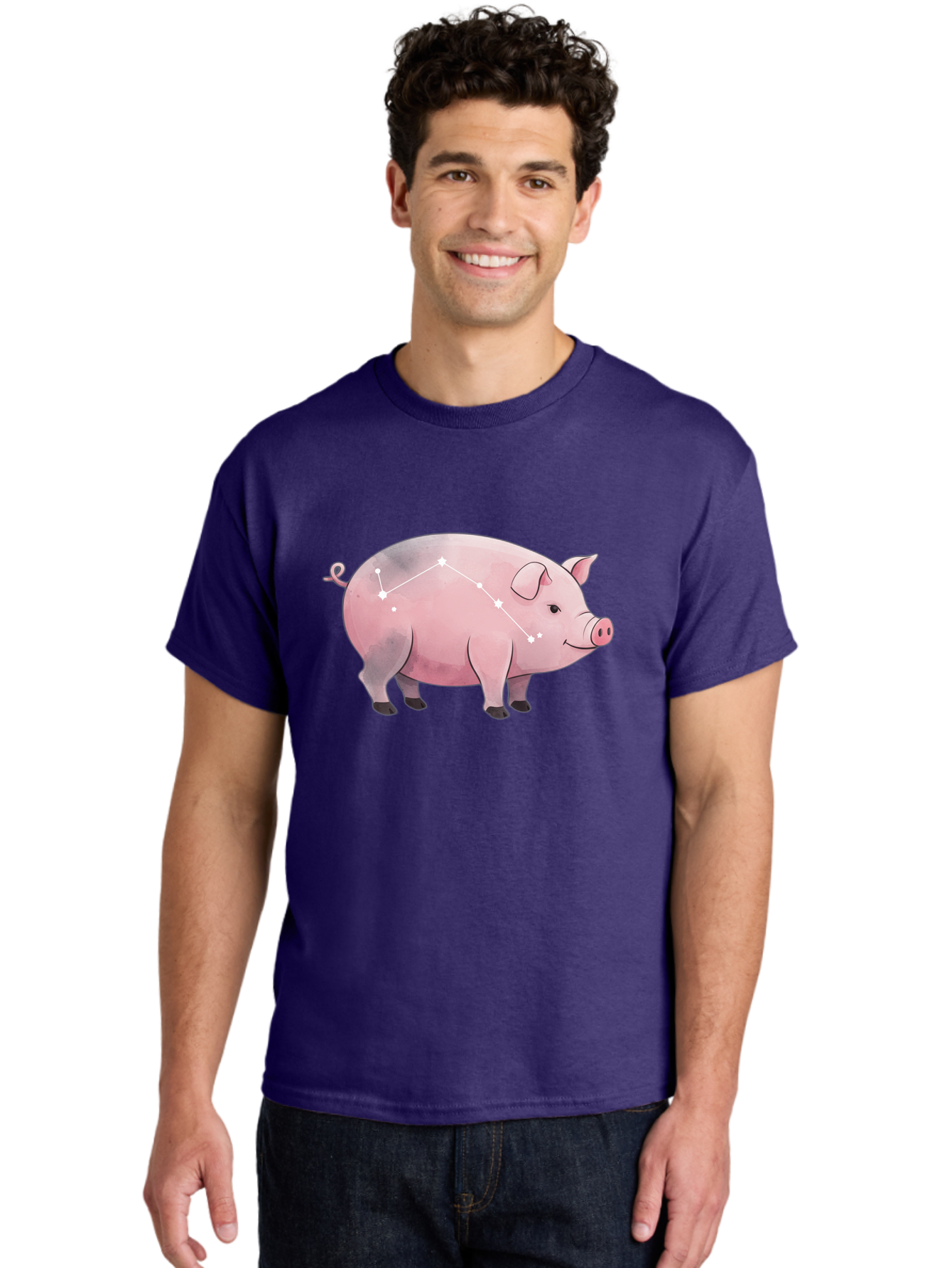 Cancer Men'S Graphic Tee, 100% Cotton, Comfortable Casual Summer Wear, Machine Washable, Cartoon Pig, Zodiac Sign, Astrology Symbol, Constellation Pattern, Cute Animal Illustration, Starry Design, Funny Pig Graphics Baa249 16