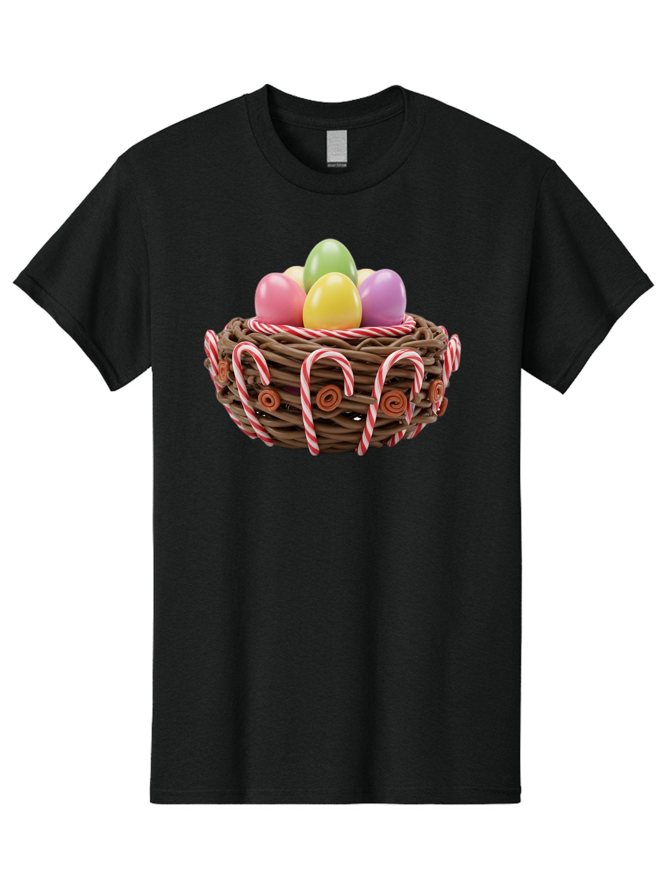 Candy-Cane-Nest-With-Easter-Eggs Men'S Graphic Tee, 100% Cotton, Comfortable Casual Summer Wear, Machine Washable, Easter Eggs In Nest, Candy Canes Decoration, Festive Treats, Holiday Sweets, Pastel Colors, Wicker Basket, Seasonal Decor, Baa250 6