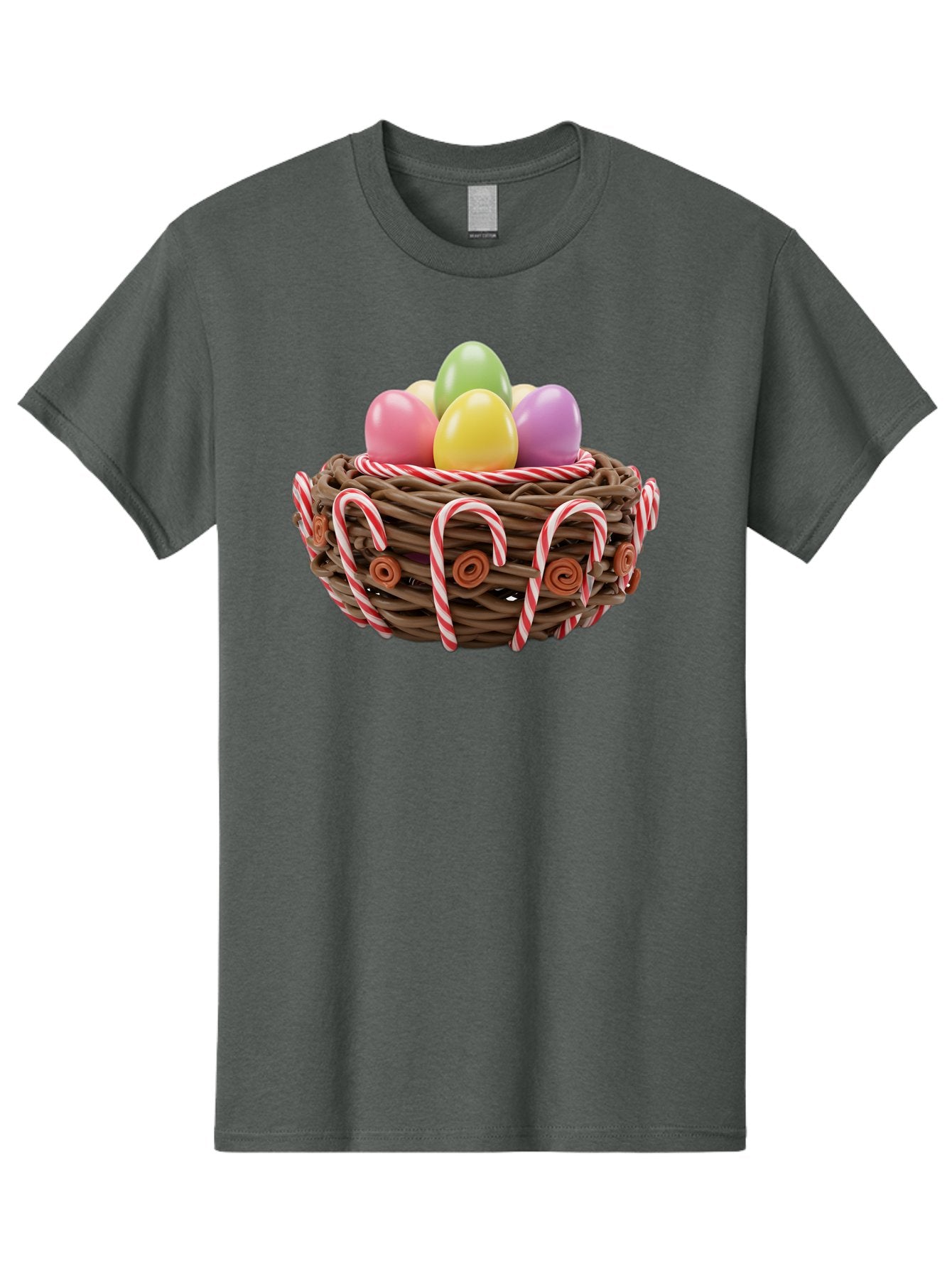 Candy-Cane-Nest-With-Easter-Eggs Men'S Graphic Tee, 100% Cotton, Comfortable Casual Summer Wear, Machine Washable, Easter Eggs In Nest, Candy Canes Decoration, Festive Treats, Holiday Sweets, Pastel Colors, Wicker Basket, Seasonal Decor, Baa250 10