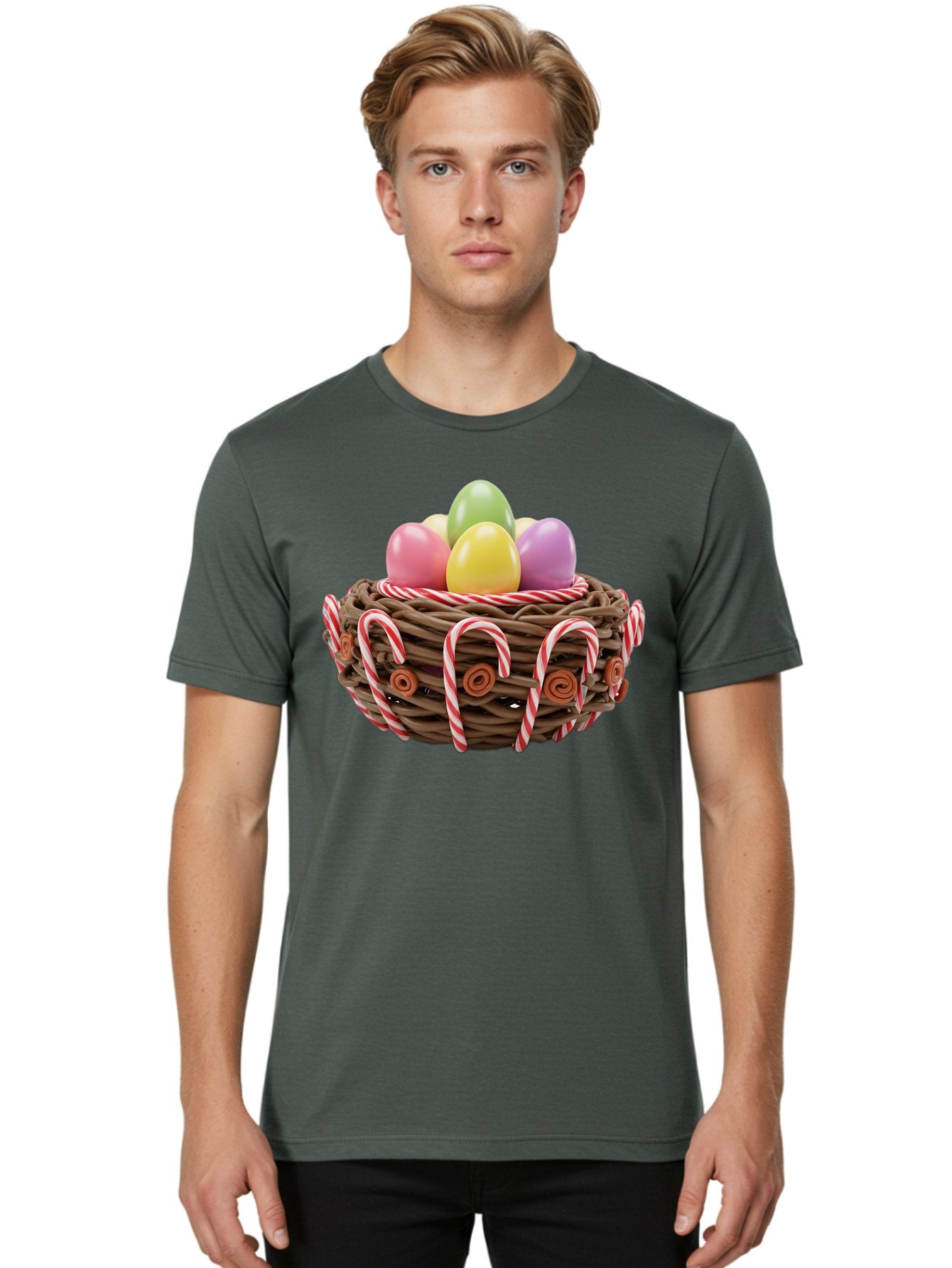 Candy-Cane-Nest-With-Easter-Eggs Men'S Graphic Tee, 100% Cotton, Comfortable Casual Summer Wear, Machine Washable, Easter Eggs In Nest, Candy Canes Decoration, Festive Treats, Holiday Sweets, Pastel Colors, Wicker Basket, Seasonal Decor, Baa250 17