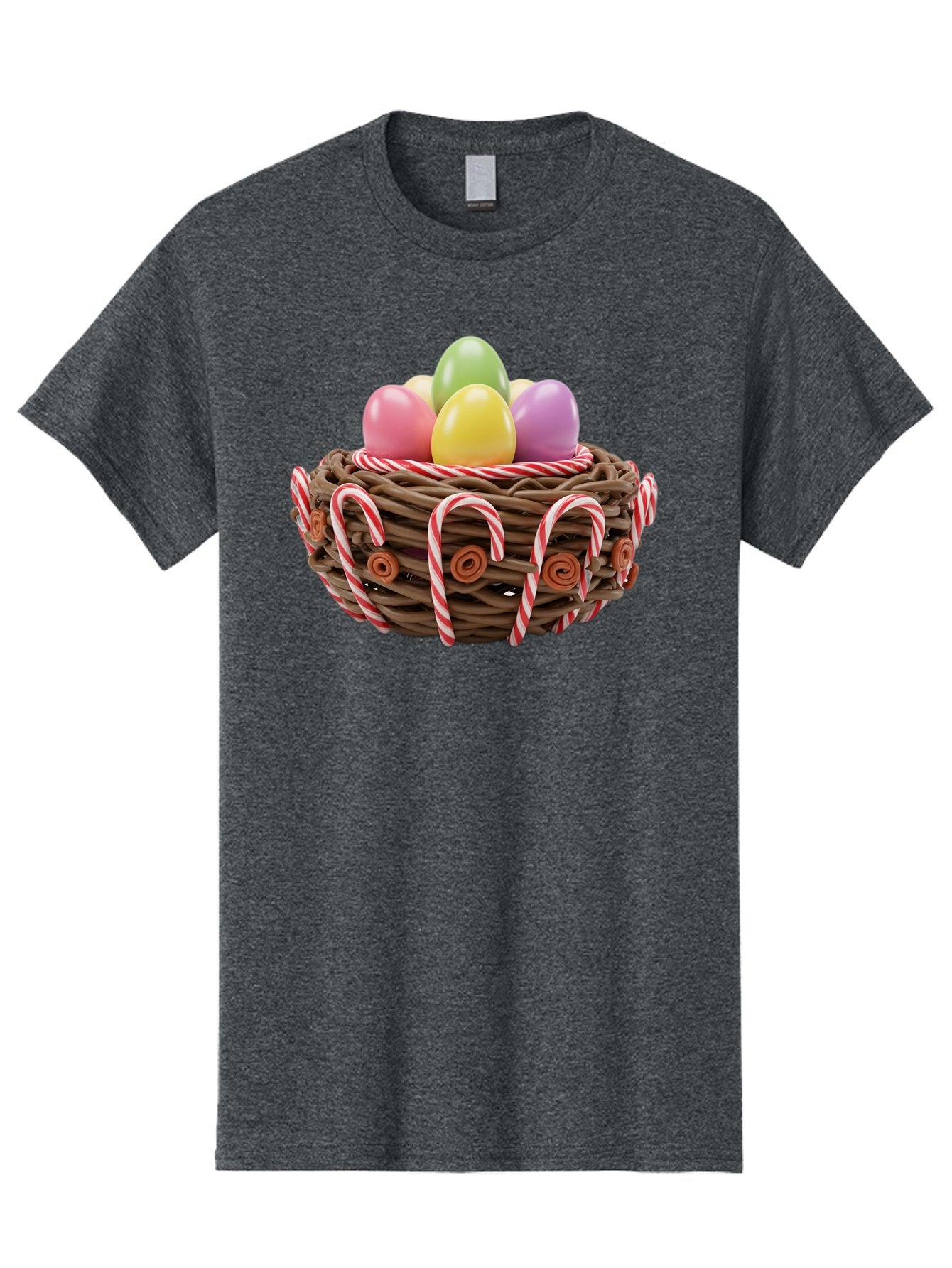 Candy-Cane-Nest-With-Easter-Eggs Men'S Graphic Tee, 100% Cotton, Comfortable Casual Summer Wear, Machine Washable, Easter Eggs In Nest, Candy Canes Decoration, Festive Treats, Holiday Sweets, Pastel Colors, Wicker Basket, Seasonal Decor, Baa250