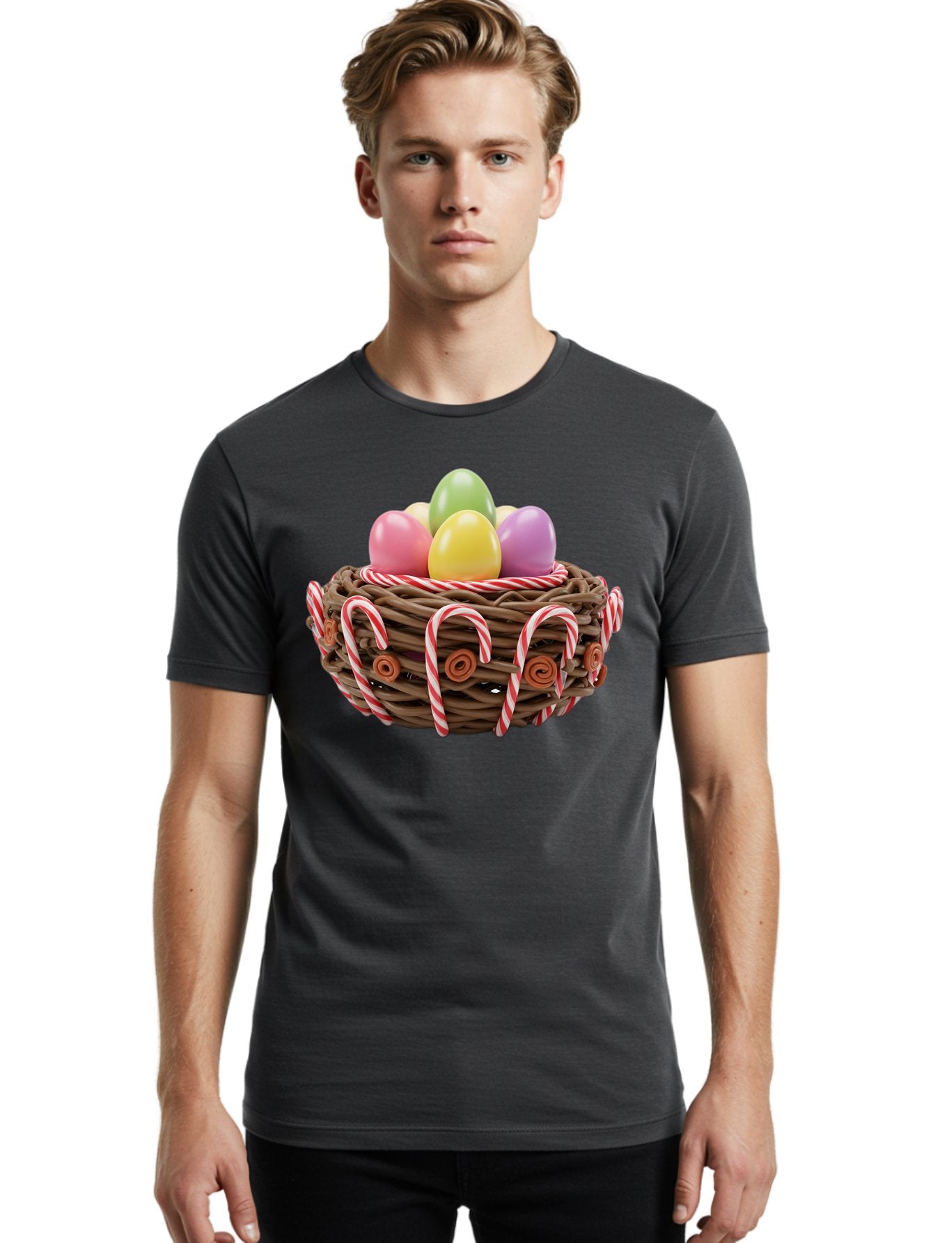Candy-Cane-Nest-With-Easter-Eggs Men'S Graphic Tee, 100% Cotton, Comfortable Casual Summer Wear, Machine Washable, Easter Eggs In Nest, Candy Canes Decoration, Festive Treats, Holiday Sweets, Pastel Colors, Wicker Basket, Seasonal Decor, Baa250 19