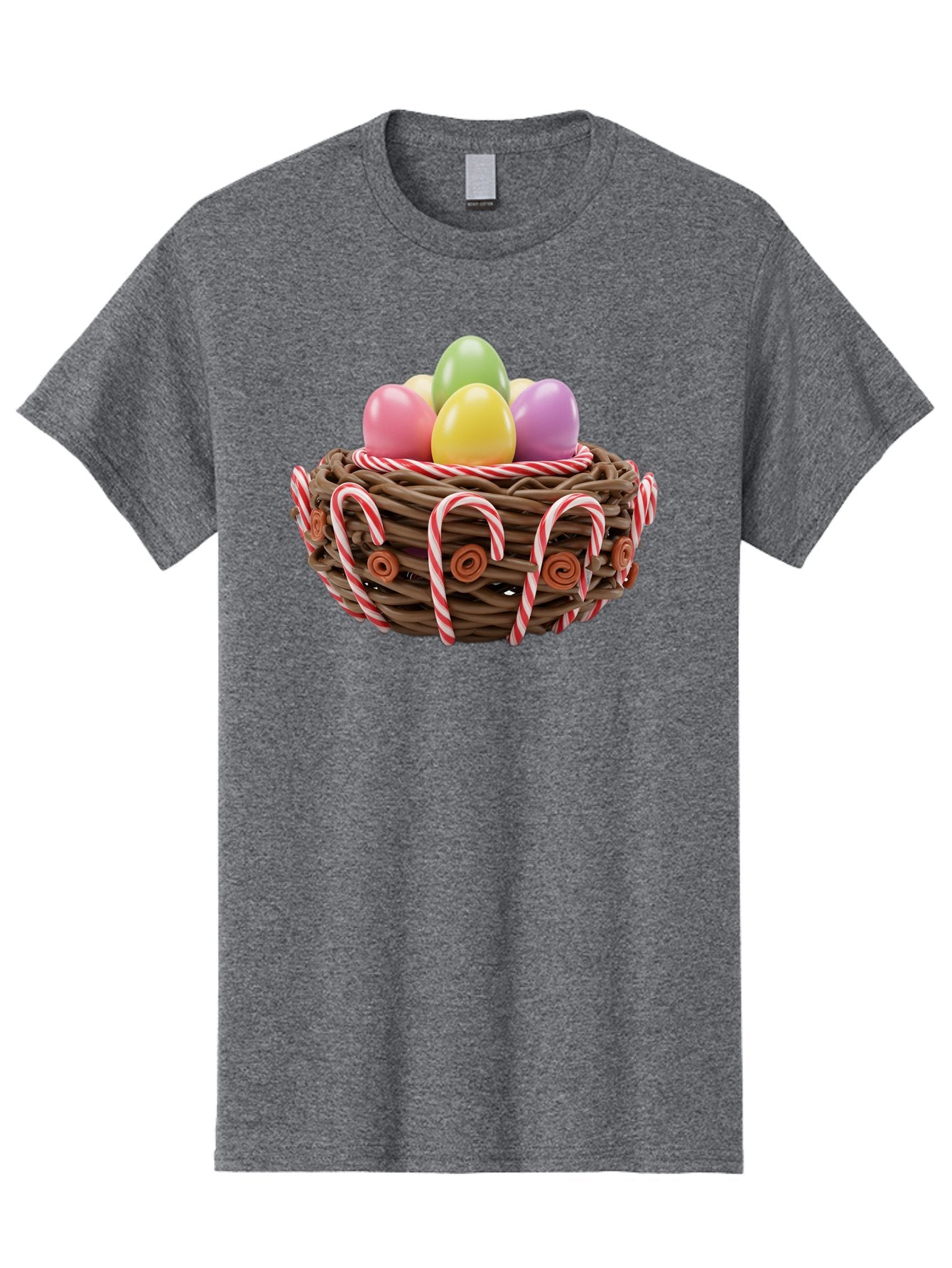 Candy-Cane-Nest-With-Easter-Eggs Men'S Graphic Tee, 100% Cotton, Comfortable Casual Summer Wear, Machine Washable, Easter Eggs In Nest, Candy Canes Decoration, Festive Treats, Holiday Sweets, Pastel Colors, Wicker Basket, Seasonal Decor, Baa250 11