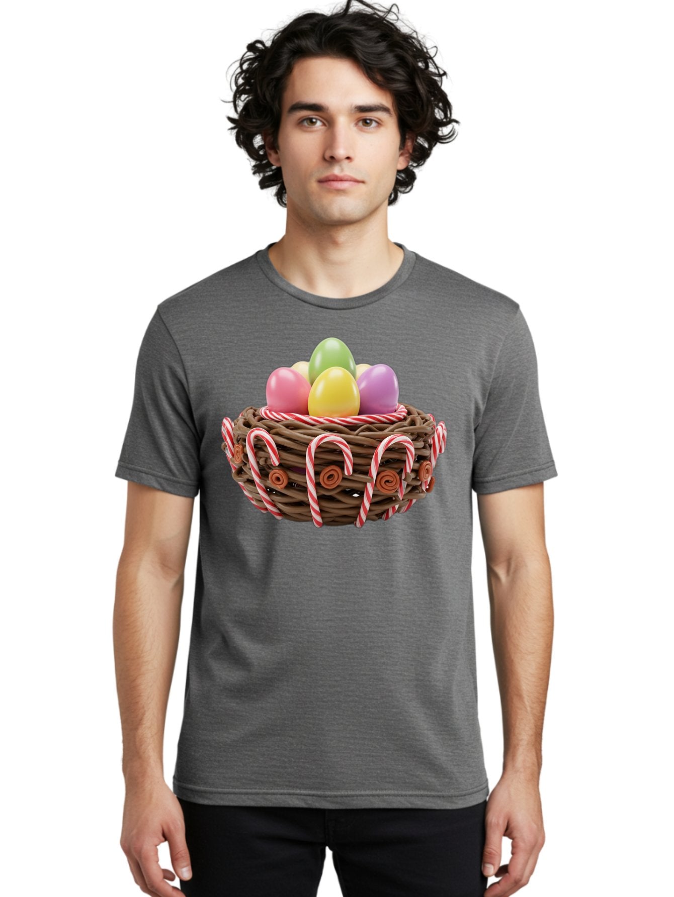 Candy-Cane-Nest-With-Easter-Eggs Men'S Graphic Tee, 100% Cotton, Comfortable Casual Summer Wear, Machine Washable, Easter Eggs In Nest, Candy Canes Decoration, Festive Treats, Holiday Sweets, Pastel Colors, Wicker Basket, Seasonal Decor, Baa250 27