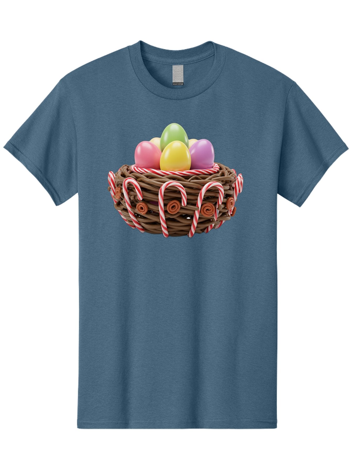 Candy-Cane-Nest-With-Easter-Eggs Men'S Graphic Tee, 100% Cotton, Comfortable Casual Summer Wear, Machine Washable, Easter Eggs In Nest, Candy Canes Decoration, Festive Treats, Holiday Sweets, Pastel Colors, Wicker Basket, Seasonal Decor, Baa250 8