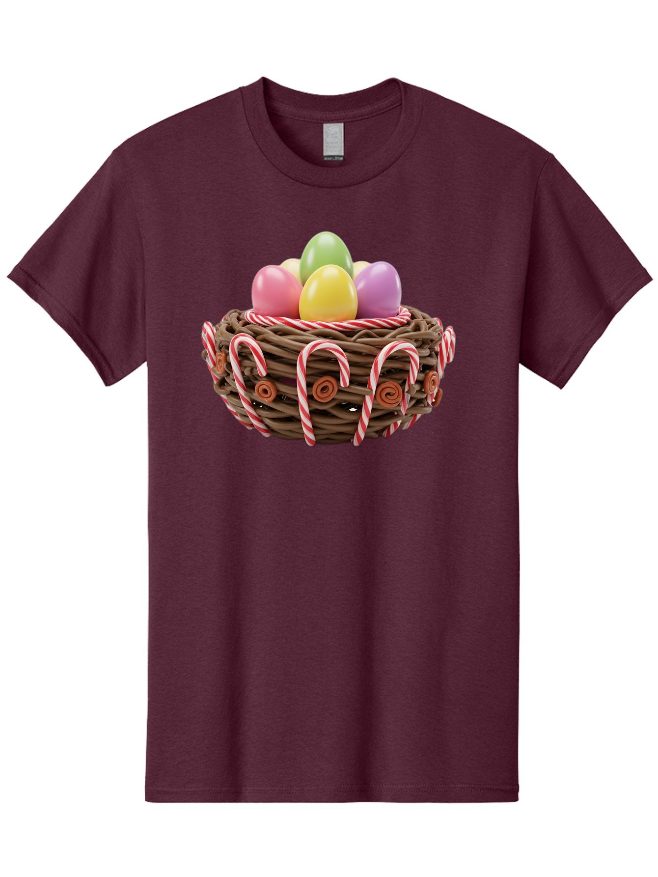 Candy-Cane-Nest-With-Easter-Eggs Men'S Graphic Tee, 100% Cotton, Comfortable Casual Summer Wear, Machine Washable, Easter Eggs In Nest, Candy Canes Decoration, Festive Treats, Holiday Sweets, Pastel Colors, Wicker Basket, Seasonal Decor, Baa250 14