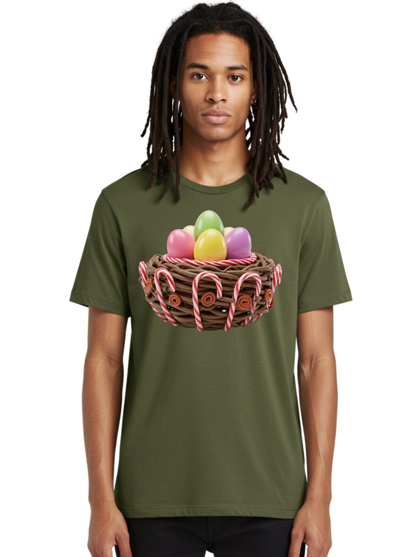 Candy-Cane-Nest-With-Easter-Eggs Men'S Graphic Tee, 100% Cotton, Comfortable Casual Summer Wear, Machine Washable, Easter Eggs In Nest, Candy Canes Decoration, Festive Treats, Holiday Sweets, Pastel Colors, Wicker Basket, Seasonal Decor, Baa250 28