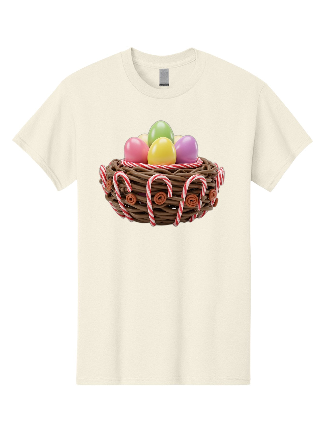 Candy-Cane-Nest-With-Easter-Eggs Men'S Graphic Tee, 100% Cotton, Comfortable Casual Summer Wear, Machine Washable, Easter Eggs In Nest, Candy Canes Decoration, Festive Treats, Holiday Sweets, Pastel Colors, Wicker Basket, Seasonal Decor, Baa250 9