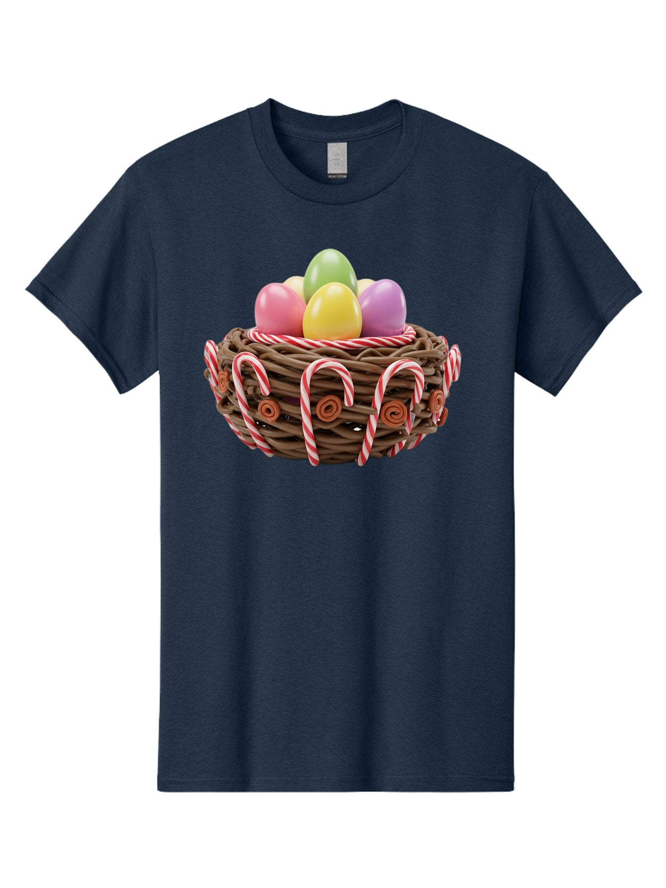 Candy-Cane-Nest-With-Easter-Eggs Men'S Graphic Tee, 100% Cotton, Comfortable Casual Summer Wear, Machine Washable, Easter Eggs In Nest, Candy Canes Decoration, Festive Treats, Holiday Sweets, Pastel Colors, Wicker Basket, Seasonal Decor, Baa250 7