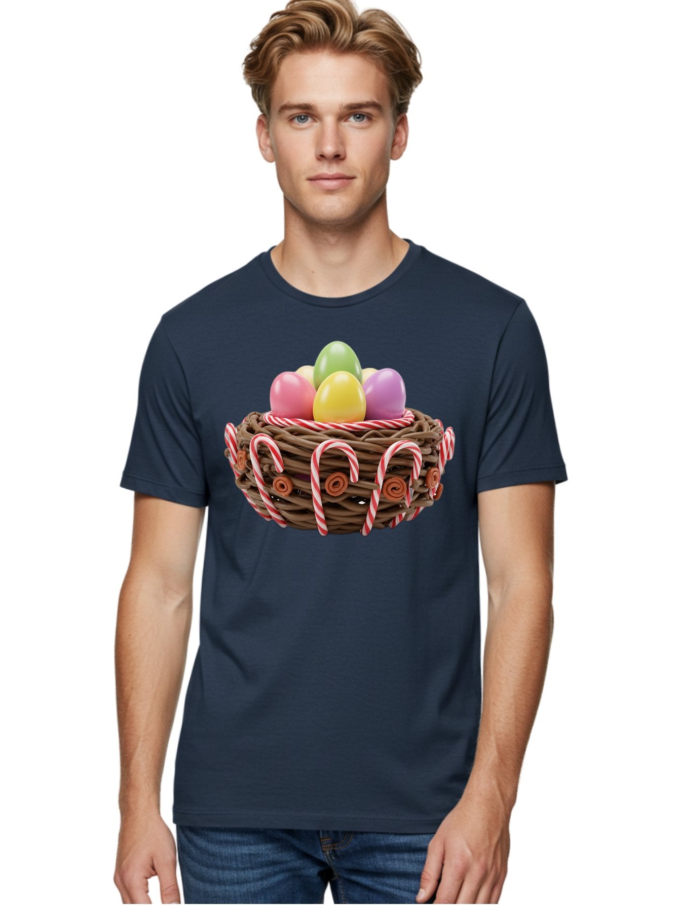 Candy-Cane-Nest-With-Easter-Eggs Men'S Graphic Tee, 100% Cotton, Comfortable Casual Summer Wear, Machine Washable, Easter Eggs In Nest, Candy Canes Decoration, Festive Treats, Holiday Sweets, Pastel Colors, Wicker Basket, Seasonal Decor, Baa250 16