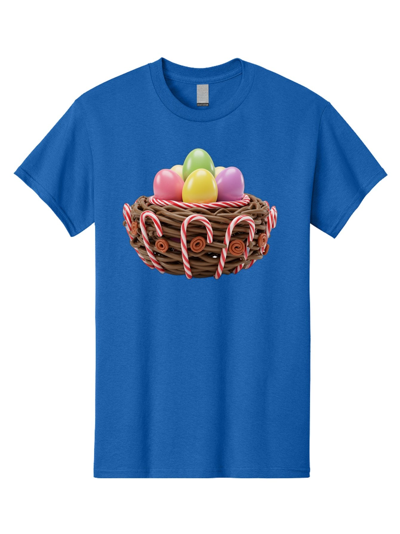 Candy-Cane-Nest-With-Easter-Eggs Men'S Graphic Tee, 100% Cotton, Comfortable Casual Summer Wear, Machine Washable, Easter Eggs In Nest, Candy Canes Decoration, Festive Treats, Holiday Sweets, Pastel Colors, Wicker Basket, Seasonal Decor, Baa250 5