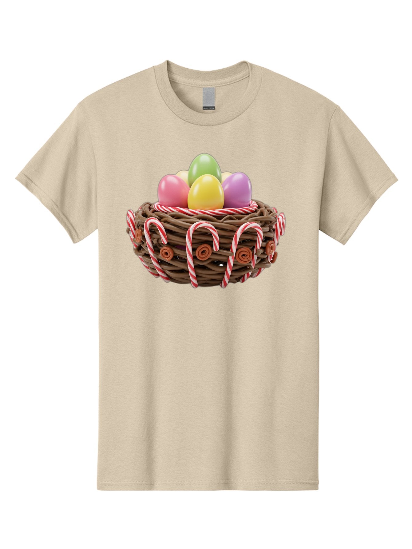 Candy-Cane-Nest-With-Easter-Eggs Men'S Graphic Tee, 100% Cotton, Comfortable Casual Summer Wear, Machine Washable, Easter Eggs In Nest, Candy Canes Decoration, Festive Treats, Holiday Sweets, Pastel Colors, Wicker Basket, Seasonal Decor, Baa250 15