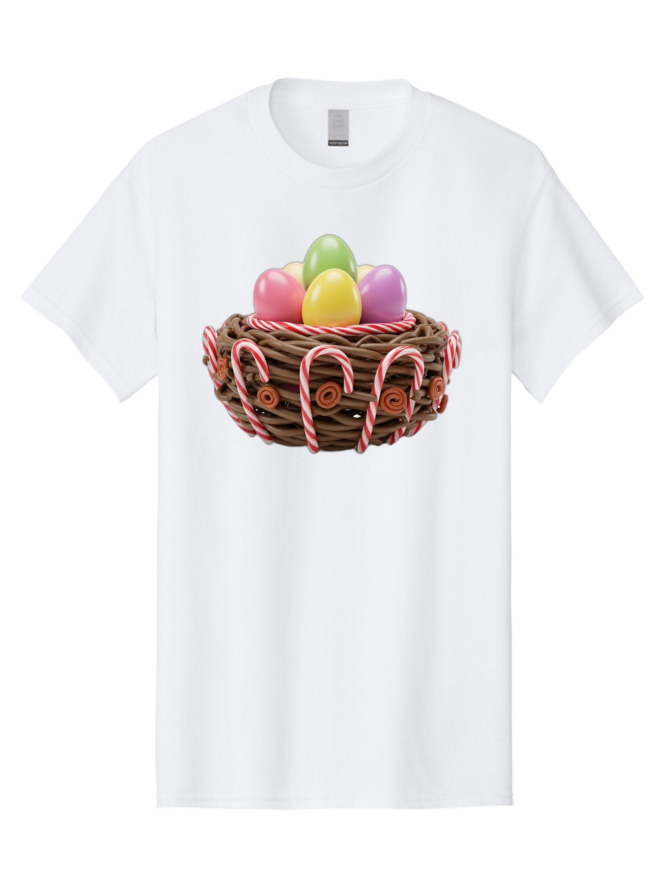 Candy-Cane-Nest-With-Easter-Eggs Men'S Graphic Tee, 100% Cotton, Comfortable Casual Summer Wear, Machine Washable, Easter Eggs In Nest, Candy Canes Decoration, Festive Treats, Holiday Sweets, Pastel Colors, Wicker Basket, Seasonal Decor, Baa250