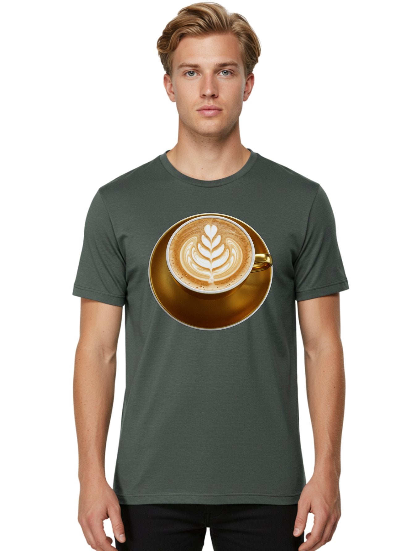 Cappuccino-Coffee Men'S Graphic Tee, 100% Cotton, Comfortable Casual Summer Wear, Machine Washable, Latte Art, Coffee Design, Leaf Pattern, Heart Shape, Coffee Cup, Saucer, Coffee Culture, Specialty Coffee, Espresso Art, Crema, Coffee Time Baa251 21