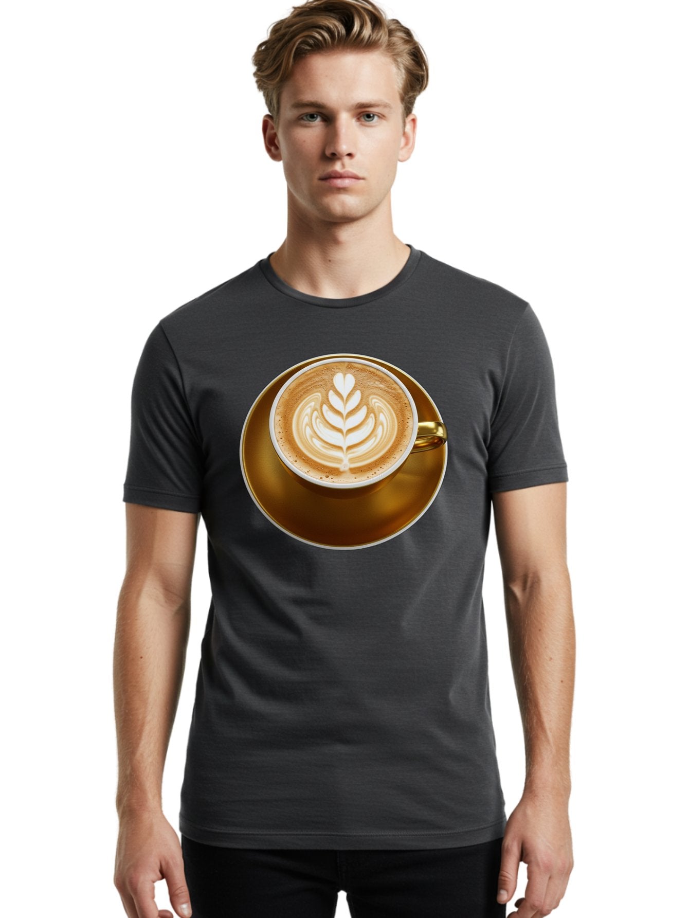 Cappuccino-Coffee Men'S Graphic Tee, 100% Cotton, Comfortable Casual Summer Wear, Machine Washable, Latte Art, Coffee Design, Leaf Pattern, Heart Shape, Coffee Cup, Saucer, Coffee Culture, Specialty Coffee, Espresso Art, Crema, Coffee Time Baa251 19