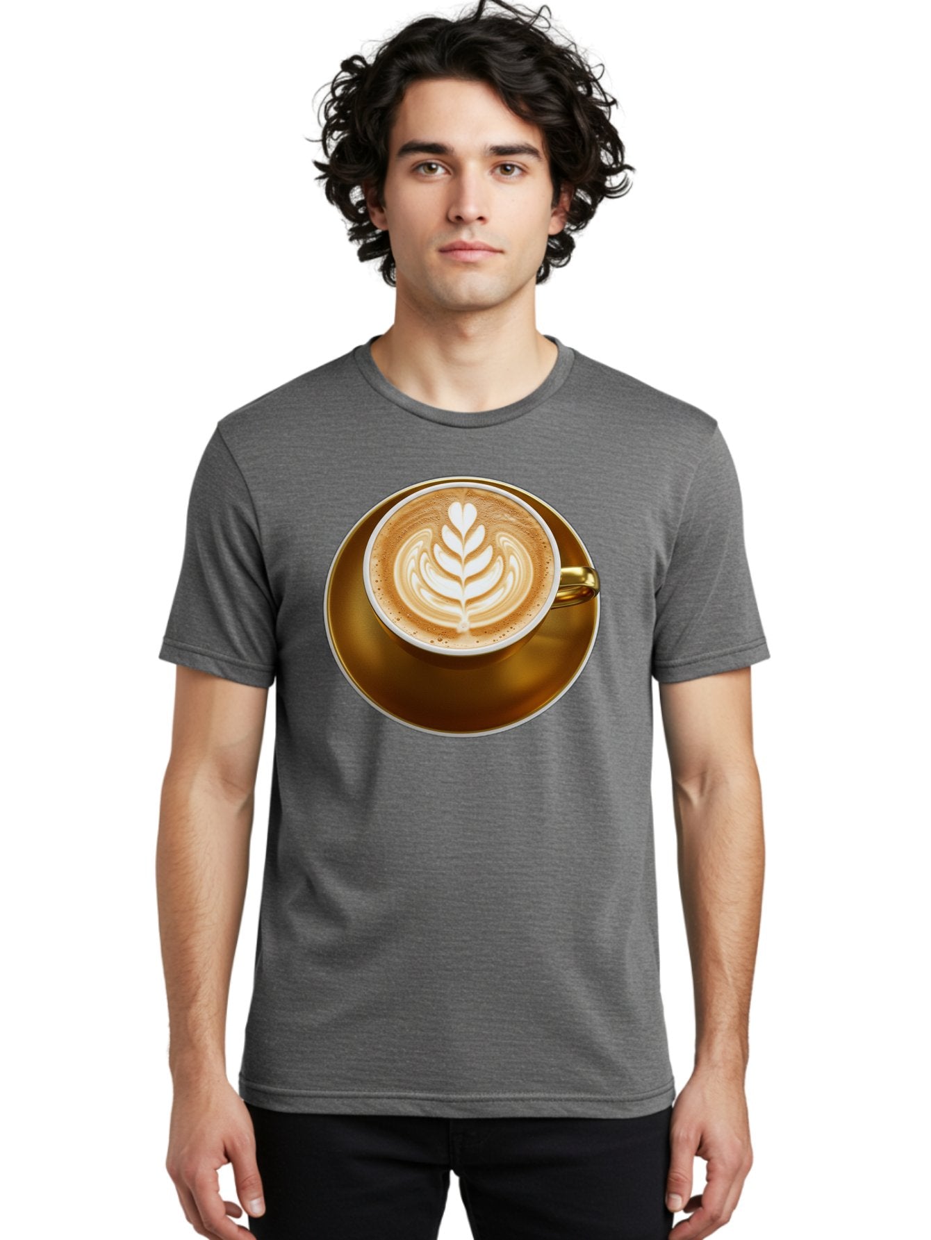 Cappuccino-Coffee Men'S Graphic Tee, 100% Cotton, Comfortable Casual Summer Wear, Machine Washable, Latte Art, Coffee Design, Leaf Pattern, Heart Shape, Coffee Cup, Saucer, Coffee Culture, Specialty Coffee, Espresso Art, Crema, Coffee Time Baa251 25