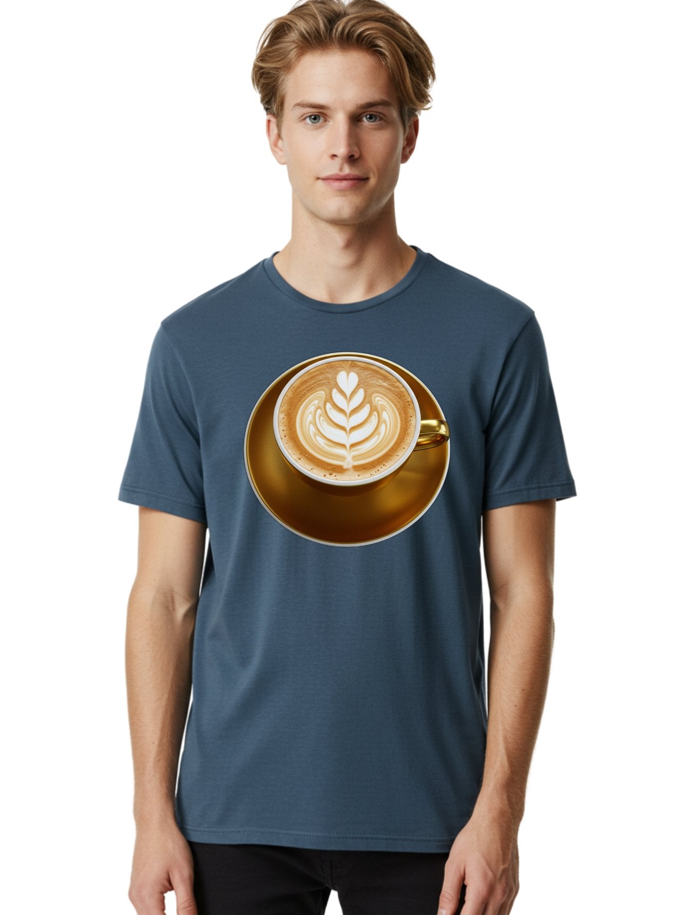 Cappuccino-Coffee Men'S Graphic Tee, 100% Cotton, Comfortable Casual Summer Wear, Machine Washable, Latte Art, Coffee Design, Leaf Pattern, Heart Shape, Coffee Cup, Saucer, Coffee Culture, Specialty Coffee, Espresso Art, Crema, Coffee Time Baa251 17