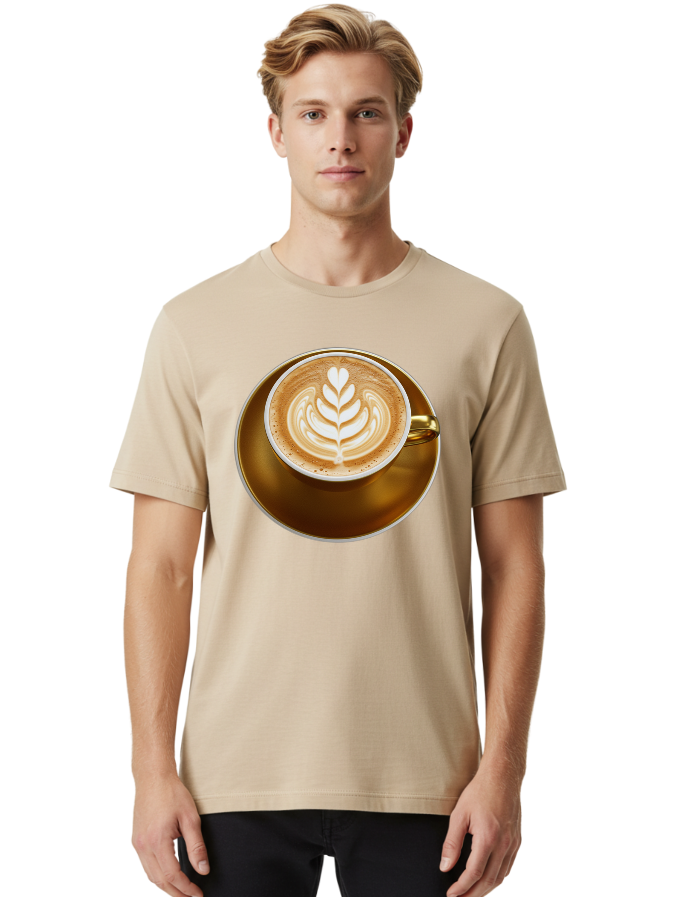 Cappuccino-Coffee Men'S Graphic Tee, 100% Cotton, Comfortable Casual Summer Wear, Machine Washable, Latte Art, Coffee Design, Leaf Pattern, Heart Shape, Coffee Cup, Saucer, Coffee Culture, Specialty Coffee, Espresso Art, Crema, Coffee Time Baa251 10