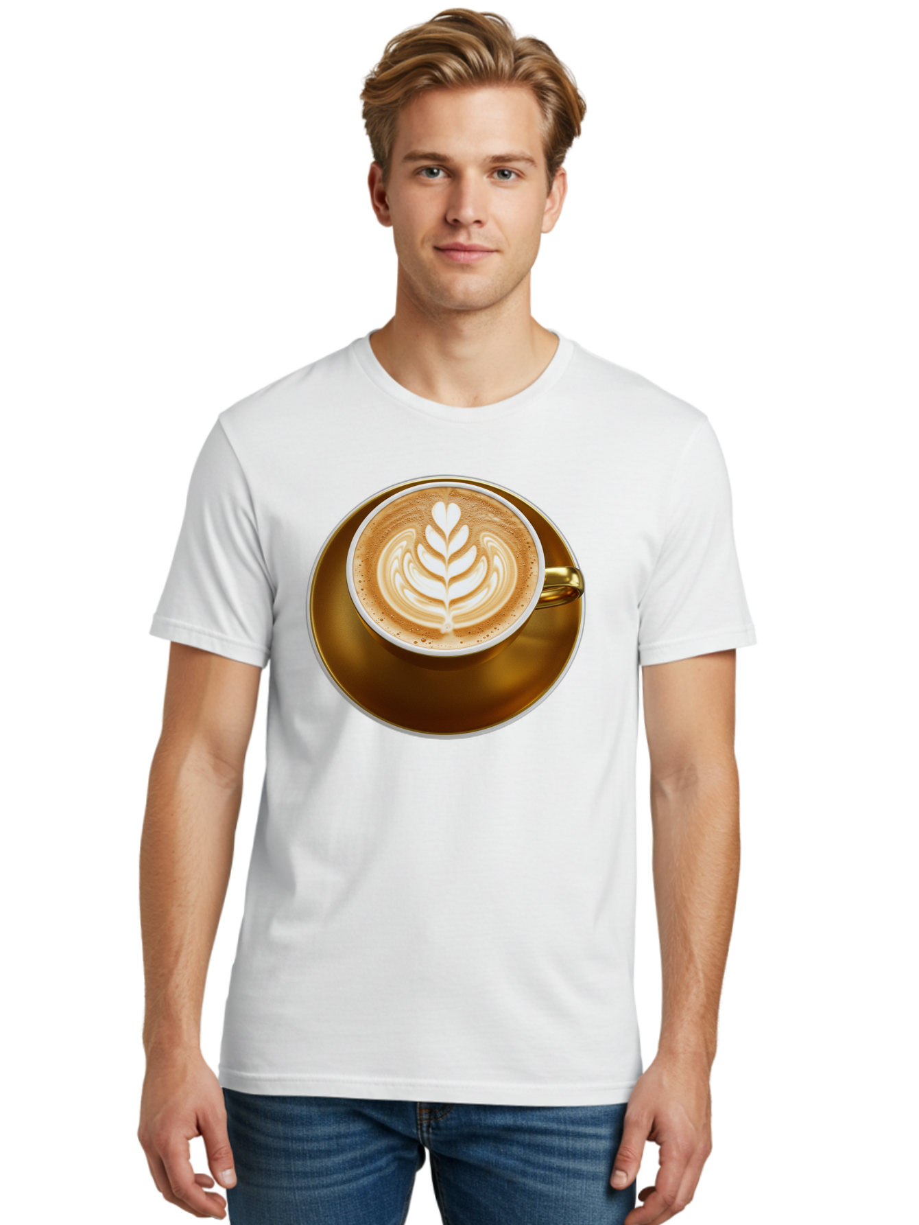 Cappuccino-Coffee Men'S Graphic Tee, 100% Cotton, Comfortable Casual Summer Wear, Machine Washable, Latte Art, Coffee Design, Leaf Pattern, Heart Shape, Coffee Cup, Saucer, Coffee Culture, Specialty Coffee, Espresso Art, Crema, Coffee Time Baa251 24