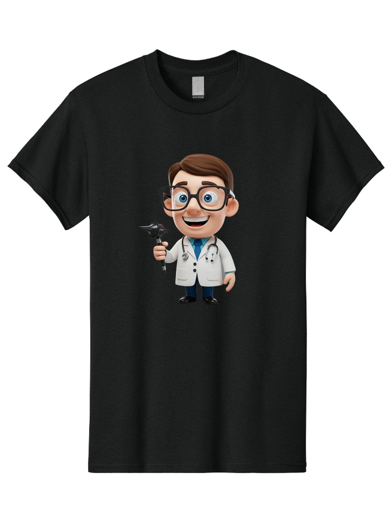 Cartoon-Doctor-1 Men'S Graphic Tee, 100% Cotton, Comfortable Casual Summer Wear, Machine Washable, Cartoon Doctor, Medical Professional, Stethoscope, Otoscope, White Lab Coat, Blue Shirt, Black Glasses, Friendly Smile, Healthcare, Baa255 9