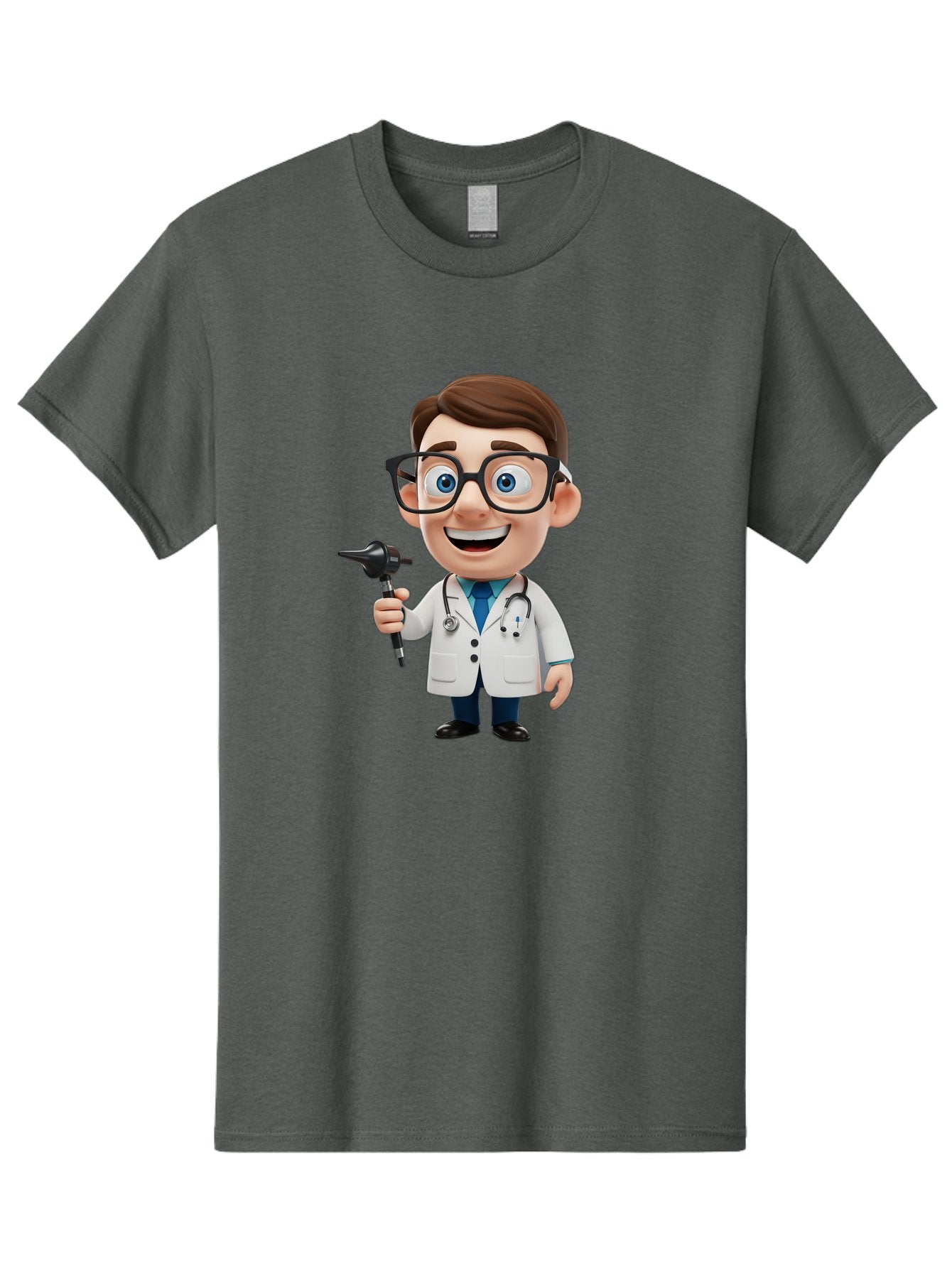 Cartoon-Doctor-1 Men'S Graphic Tee, 100% Cotton, Comfortable Casual Summer Wear, Machine Washable, Cartoon Doctor, Medical Professional, Stethoscope, Otoscope, White Lab Coat, Blue Shirt, Black Glasses, Friendly Smile, Healthcare, Baa255