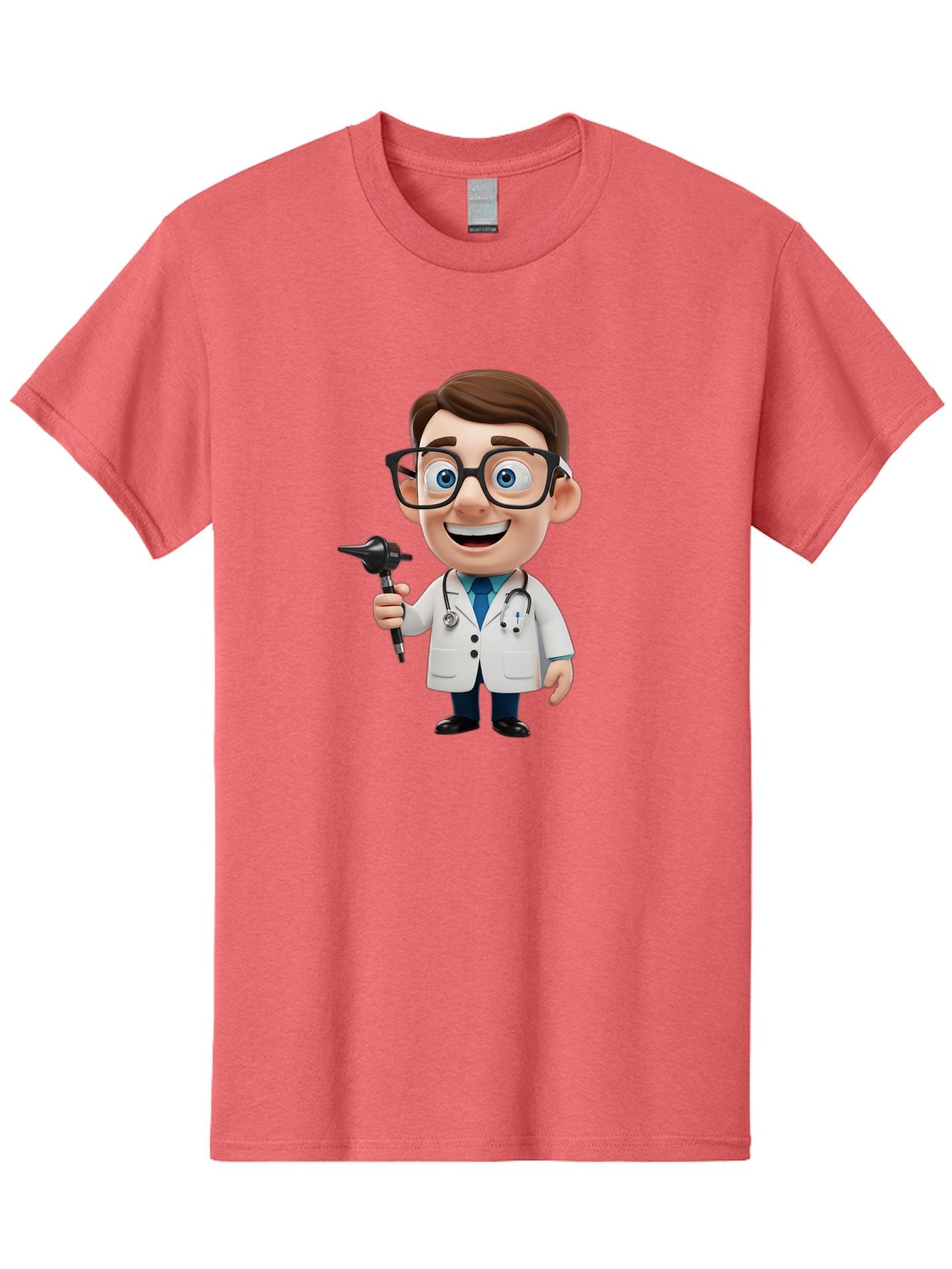Cartoon-Doctor-1 Men'S Graphic Tee, 100% Cotton, Comfortable Casual Summer Wear, Machine Washable, Cartoon Doctor, Medical Professional, Stethoscope, Otoscope, White Lab Coat, Blue Shirt, Black Glasses, Friendly Smile, Healthcare, Baa255 15