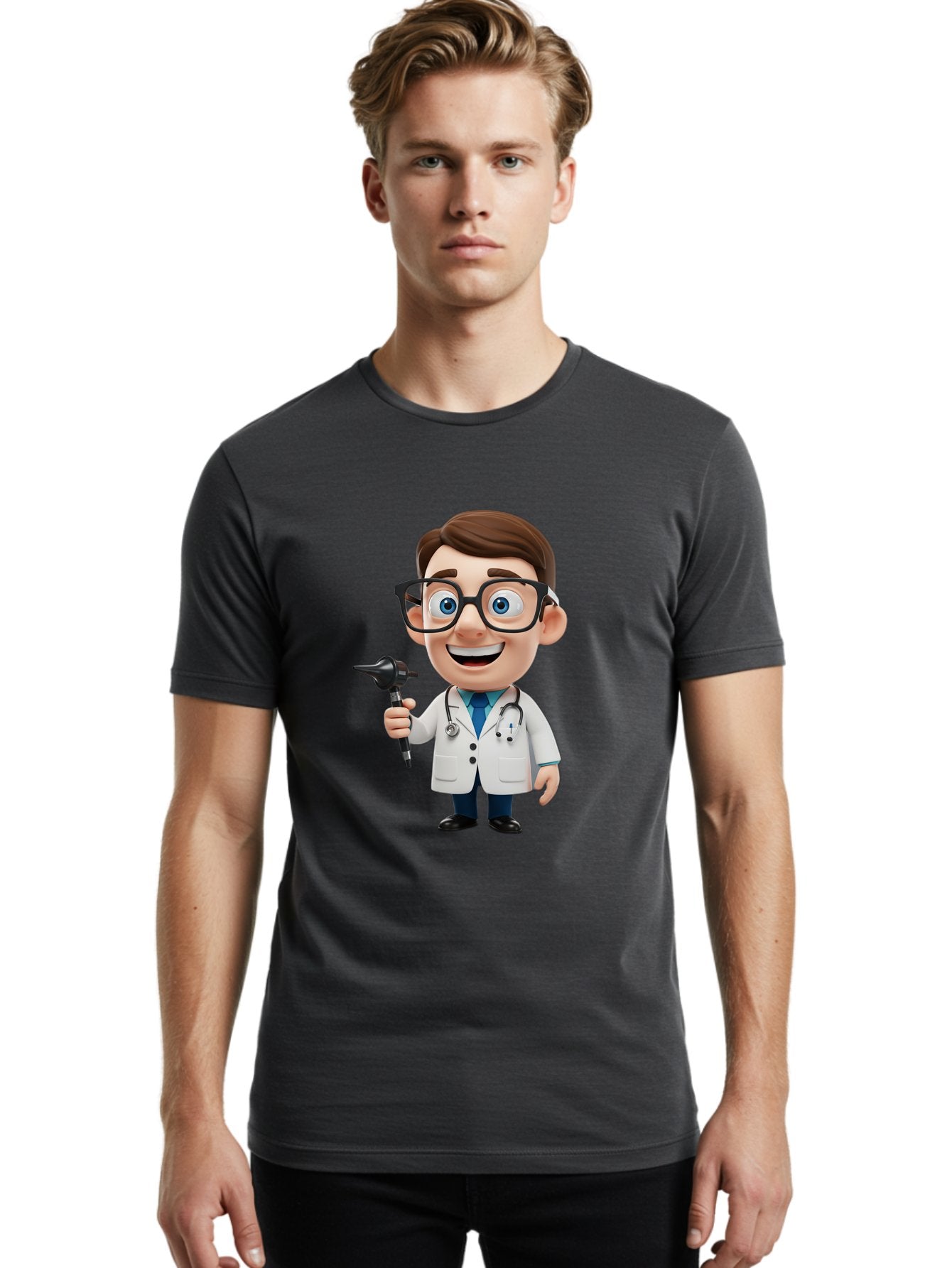 Cartoon-Doctor-1 Men'S Graphic Tee, 100% Cotton, Comfortable Casual Summer Wear, Machine Washable, Cartoon Doctor, Medical Professional, Stethoscope, Otoscope, White Lab Coat, Blue Shirt, Black Glasses, Friendly Smile, Healthcare, Baa255 17