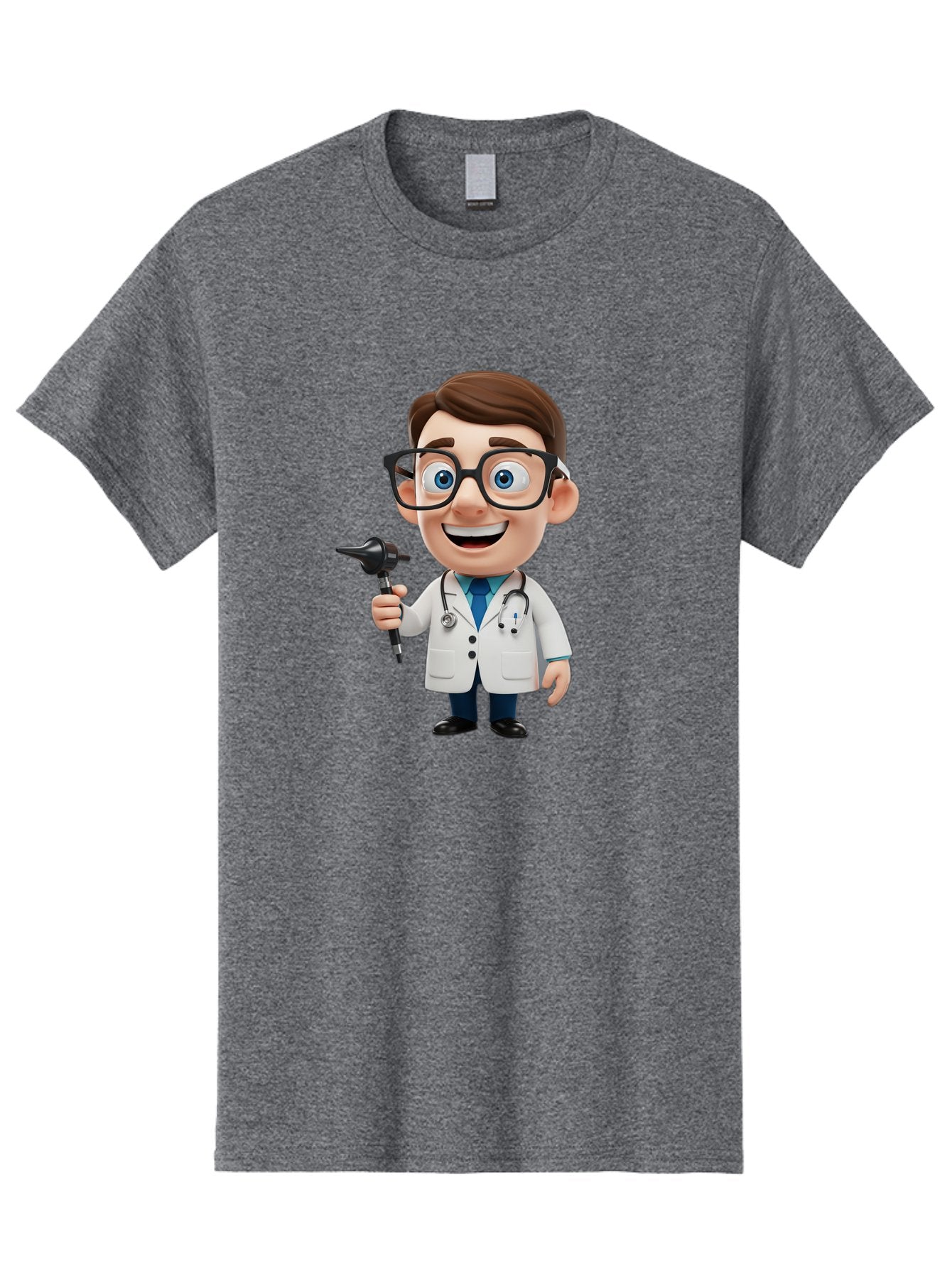 Cartoon-Doctor-1 Men'S Graphic Tee, 100% Cotton, Comfortable Casual Summer Wear, Machine Washable, Cartoon Doctor, Medical Professional, Stethoscope, Otoscope, White Lab Coat, Blue Shirt, Black Glasses, Friendly Smile, Healthcare, Baa255 5