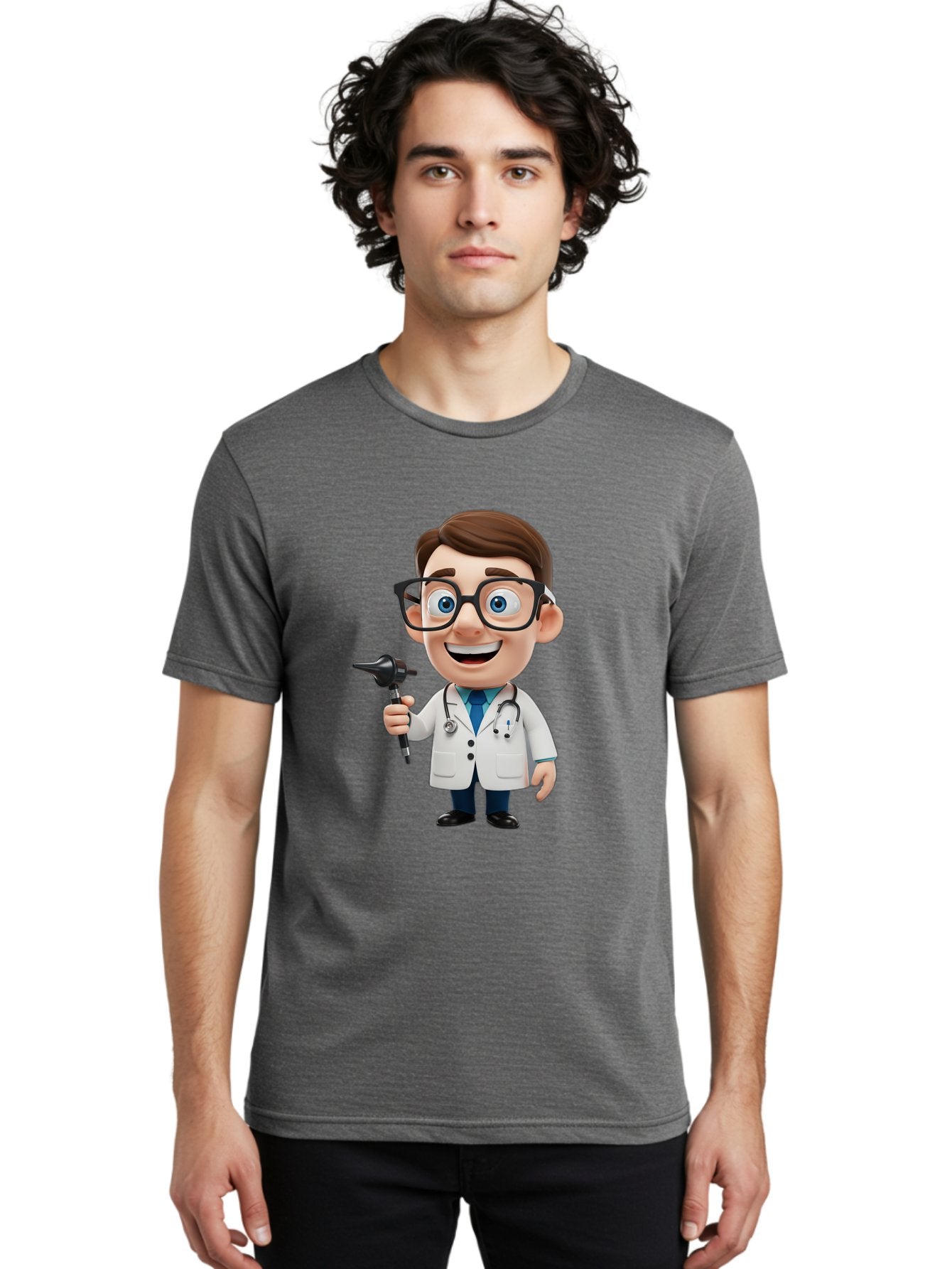 Cartoon-Doctor-1 Men'S Graphic Tee, 100% Cotton, Comfortable Casual Summer Wear, Machine Washable, Cartoon Doctor, Medical Professional, Stethoscope, Otoscope, White Lab Coat, Blue Shirt, Black Glasses, Friendly Smile, Healthcare, Baa255 23