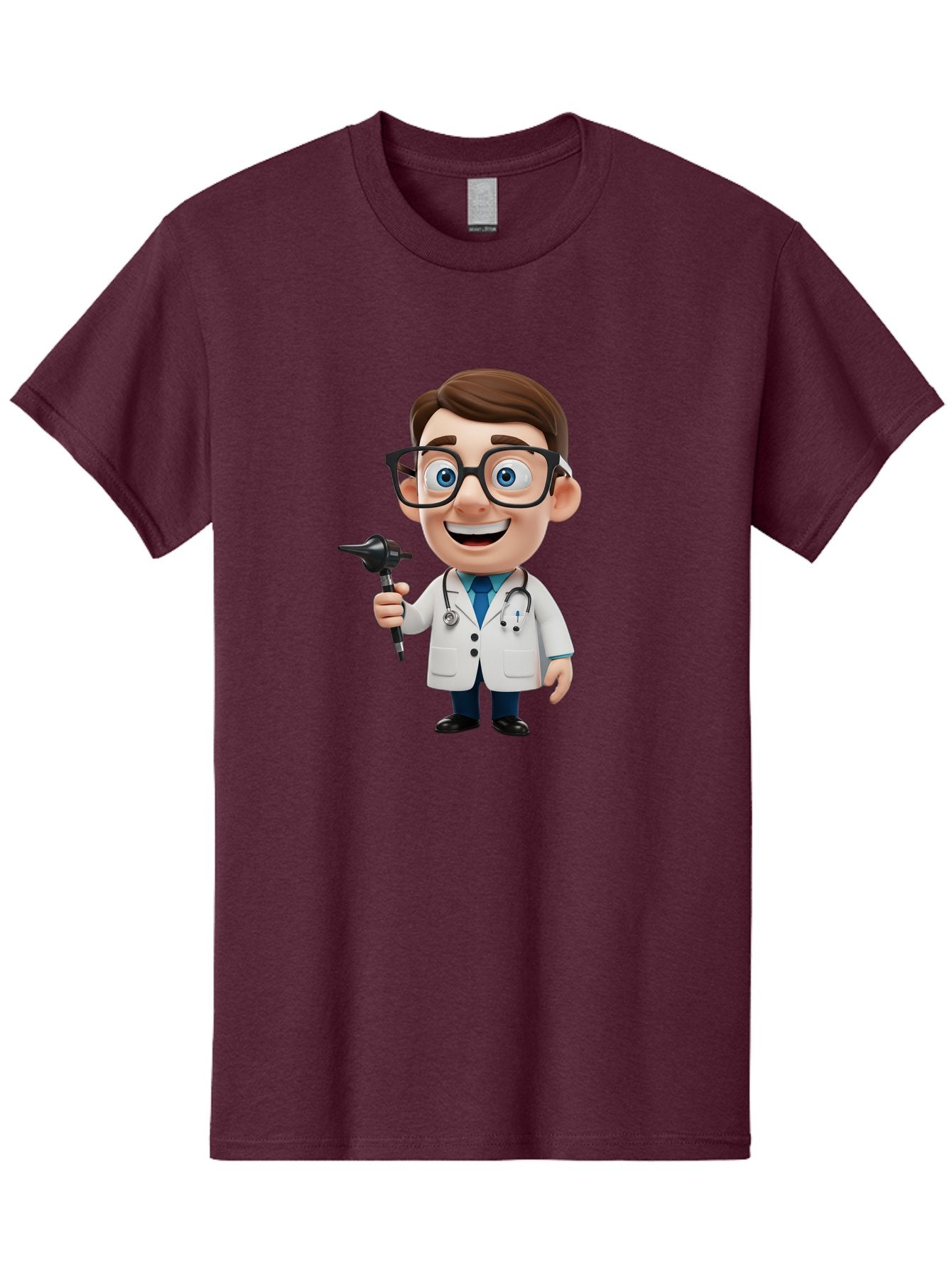 Cartoon-Doctor-1 Men'S Graphic Tee, 100% Cotton, Comfortable Casual Summer Wear, Machine Washable, Cartoon Doctor, Medical Professional, Stethoscope, Otoscope, White Lab Coat, Blue Shirt, Black Glasses, Friendly Smile, Healthcare, Baa255