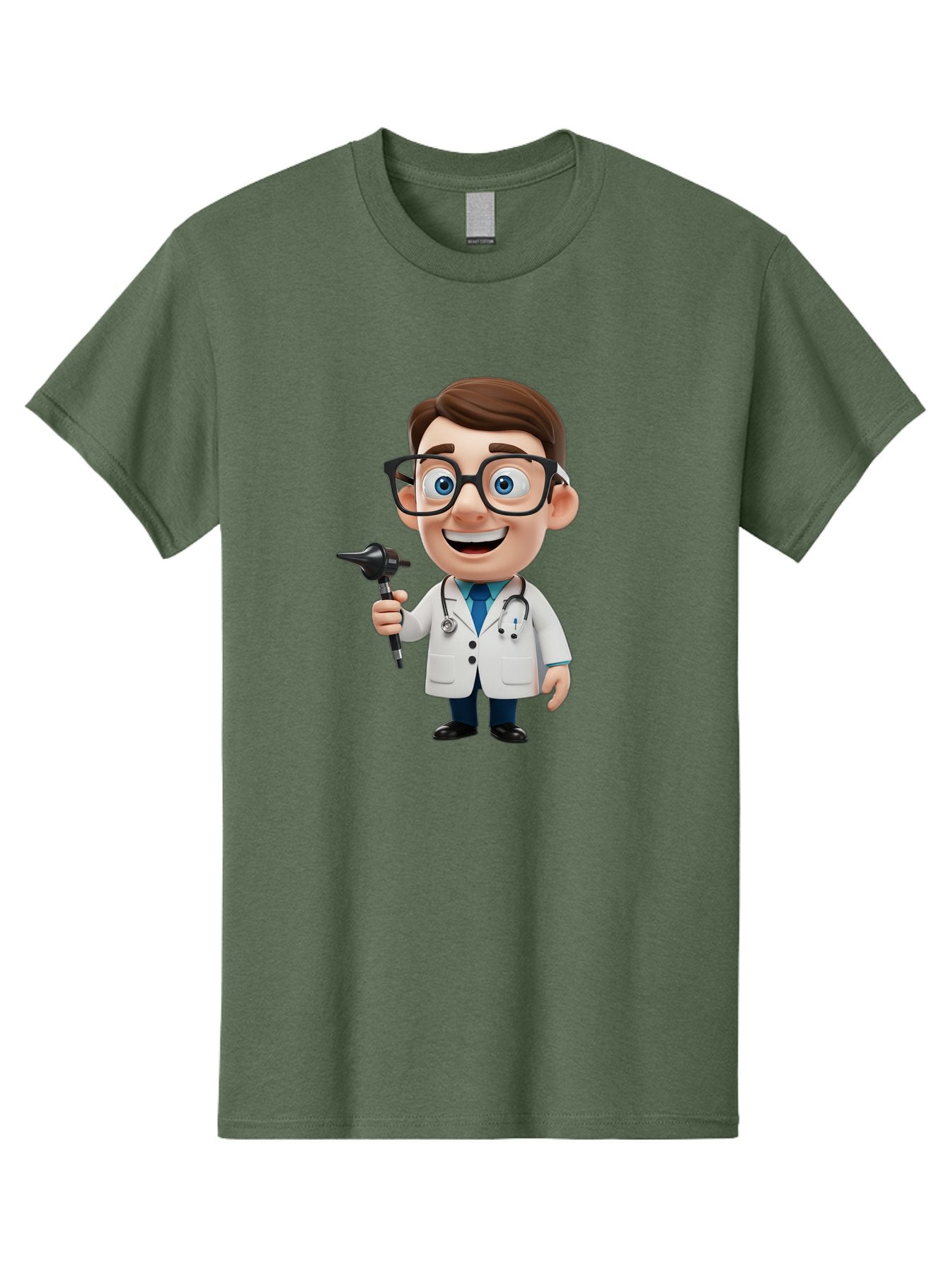 Cartoon-Doctor-1 Men'S Graphic Tee, 100% Cotton, Comfortable Casual Summer Wear, Machine Washable, Cartoon Doctor, Medical Professional, Stethoscope, Otoscope, White Lab Coat, Blue Shirt, Black Glasses, Friendly Smile, Healthcare, Baa255 14
