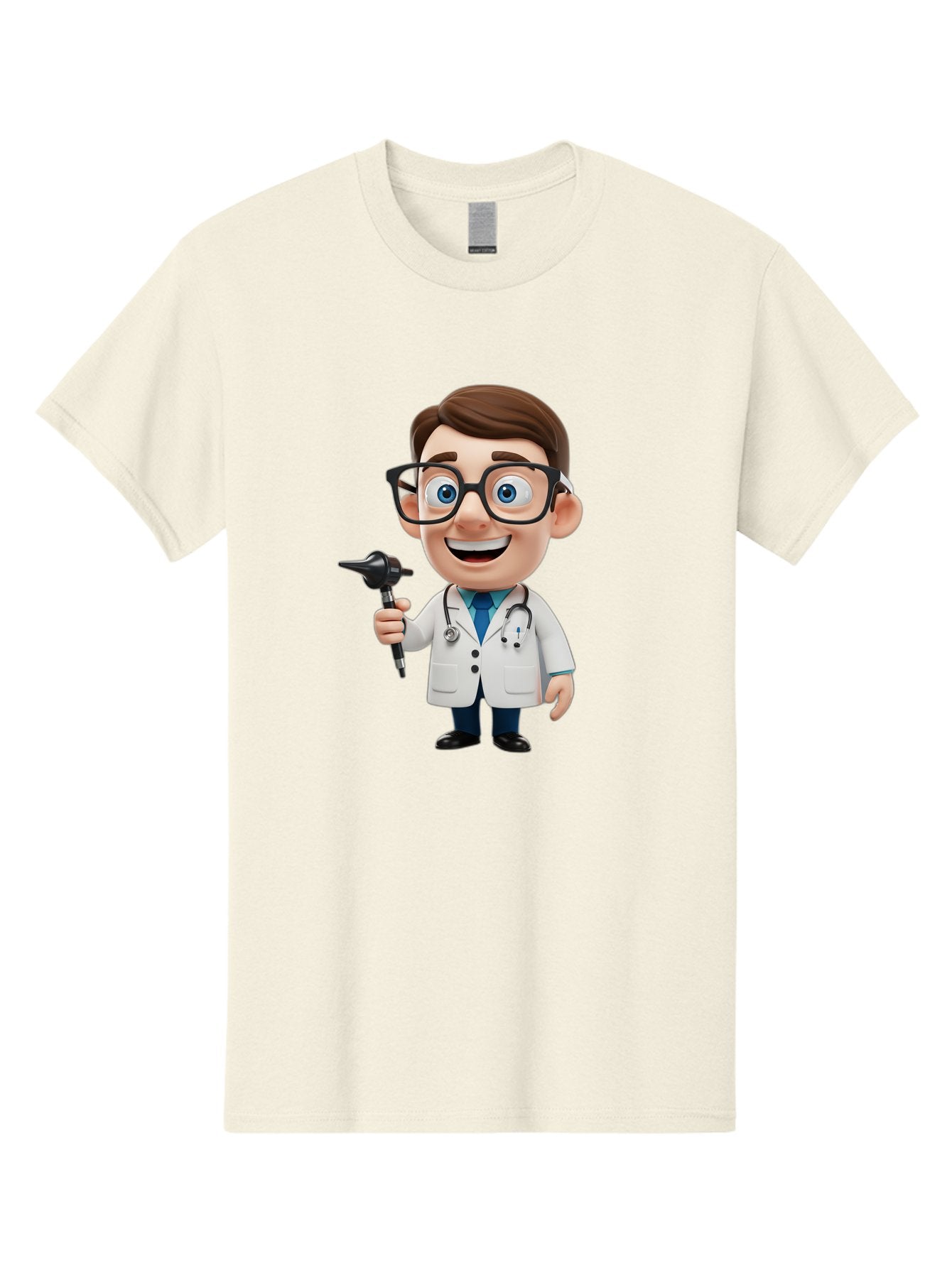 Cartoon-Doctor-1 Men'S Graphic Tee, 100% Cotton, Comfortable Casual Summer Wear, Machine Washable, Cartoon Doctor, Medical Professional, Stethoscope, Otoscope, White Lab Coat, Blue Shirt, Black Glasses, Friendly Smile, Healthcare, Baa255 3