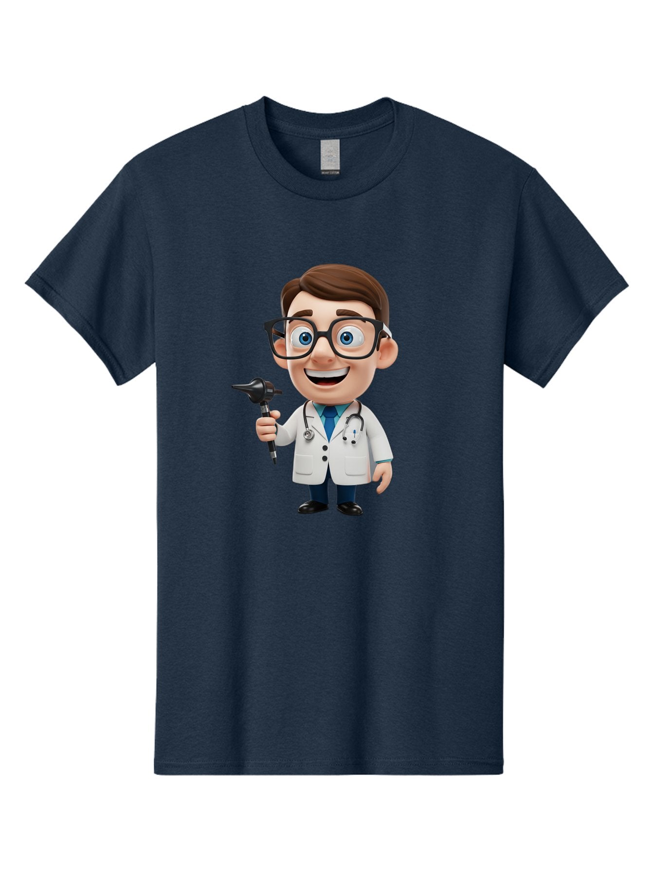 Cartoon-Doctor-1 Men'S Graphic Tee, 100% Cotton, Comfortable Casual Summer Wear, Machine Washable, Cartoon Doctor, Medical Professional, Stethoscope, Otoscope, White Lab Coat, Blue Shirt, Black Glasses, Friendly Smile, Healthcare, Baa255 11