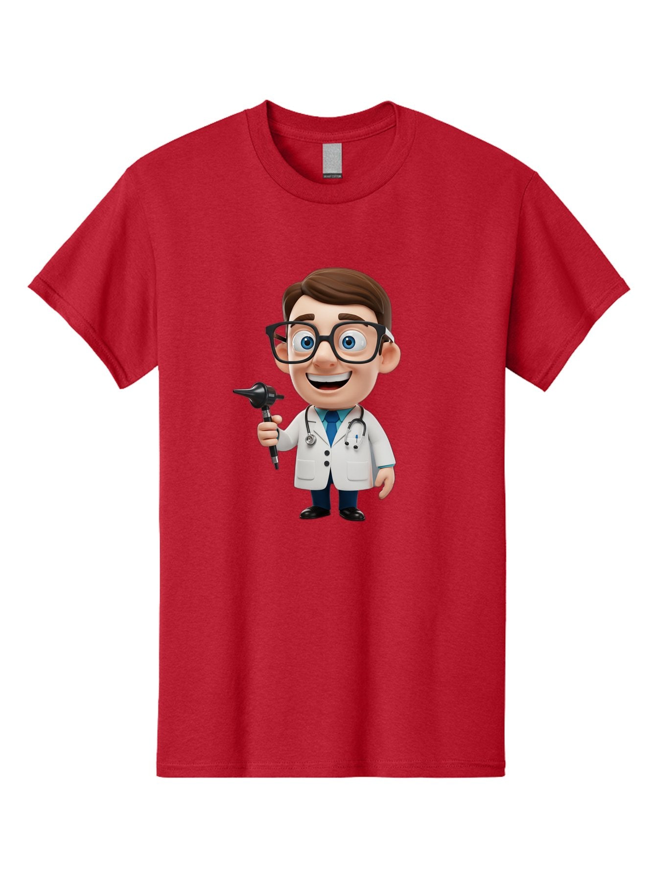 Cartoon-Doctor-1 Men'S Graphic Tee, 100% Cotton, Comfortable Casual Summer Wear, Machine Washable, Cartoon Doctor, Medical Professional, Stethoscope, Otoscope, White Lab Coat, Blue Shirt, Black Glasses, Friendly Smile, Healthcare, Baa255 8