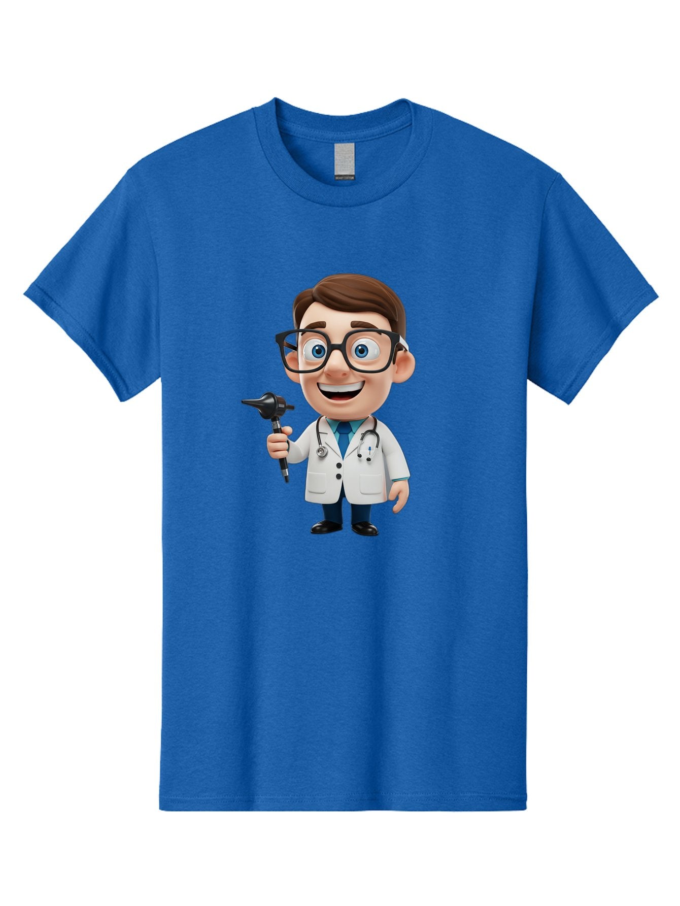 Cartoon-Doctor-1 Men'S Graphic Tee, 100% Cotton, Comfortable Casual Summer Wear, Machine Washable, Cartoon Doctor, Medical Professional, Stethoscope, Otoscope, White Lab Coat, Blue Shirt, Black Glasses, Friendly Smile, Healthcare, Baa255 7