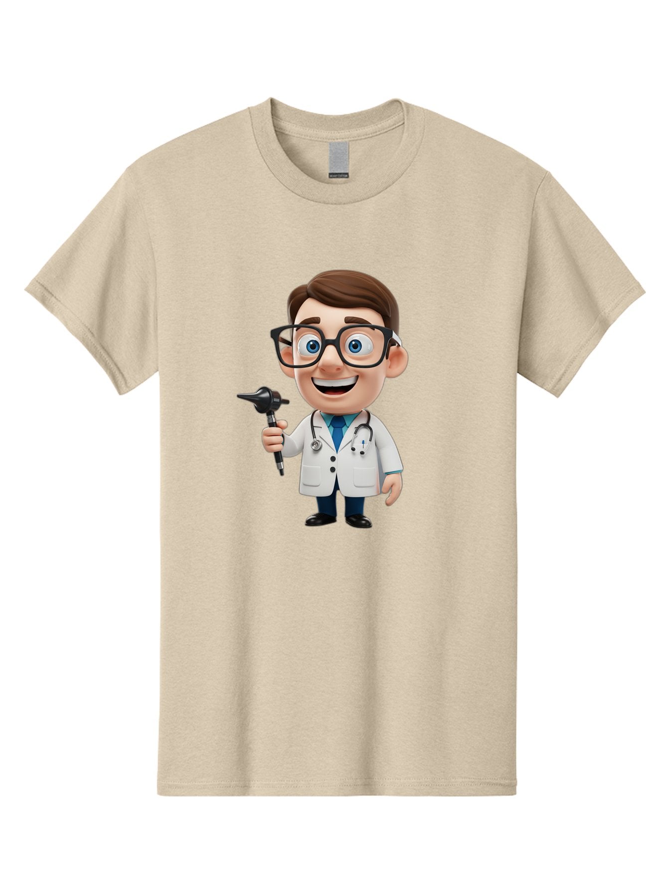 Cartoon-Doctor-1 Men'S Graphic Tee, 100% Cotton, Comfortable Casual Summer Wear, Machine Washable, Cartoon Doctor, Medical Professional, Stethoscope, Otoscope, White Lab Coat, Blue Shirt, Black Glasses, Friendly Smile, Healthcare, Baa255 6