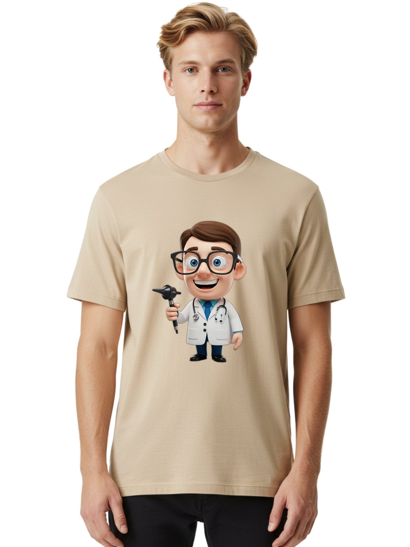 Cartoon-Doctor-1 Men'S Graphic Tee, 100% Cotton, Comfortable Casual Summer Wear, Machine Washable, Cartoon Doctor, Medical Professional, Stethoscope, Otoscope, White Lab Coat, Blue Shirt, Black Glasses, Friendly Smile, Healthcare, Baa255 24