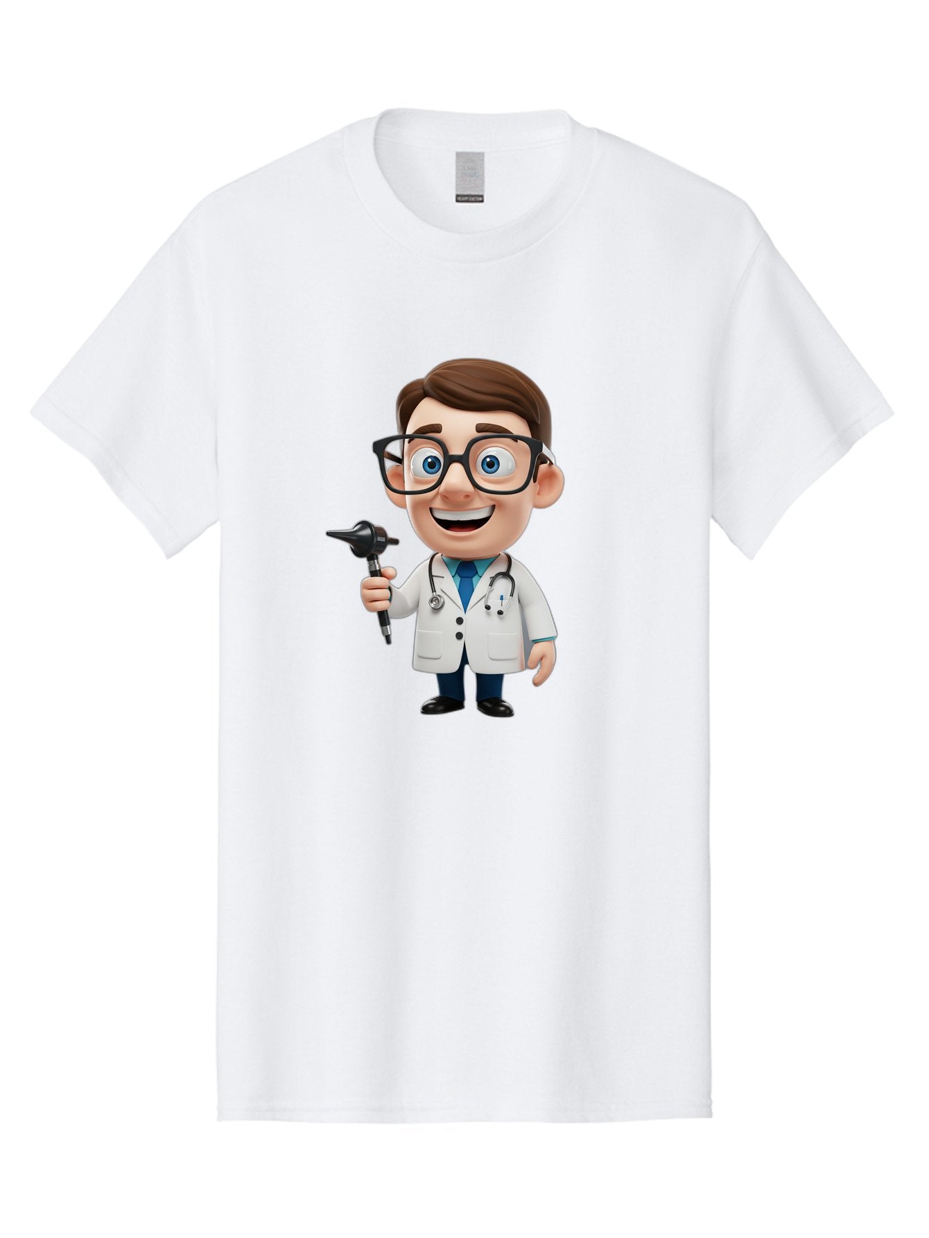 Cartoon-Doctor-1 Men'S Graphic Tee, 100% Cotton, Comfortable Casual Summer Wear, Machine Washable, Cartoon Doctor, Medical Professional, Stethoscope, Otoscope, White Lab Coat, Blue Shirt, Black Glasses, Friendly Smile, Healthcare, Baa255 13