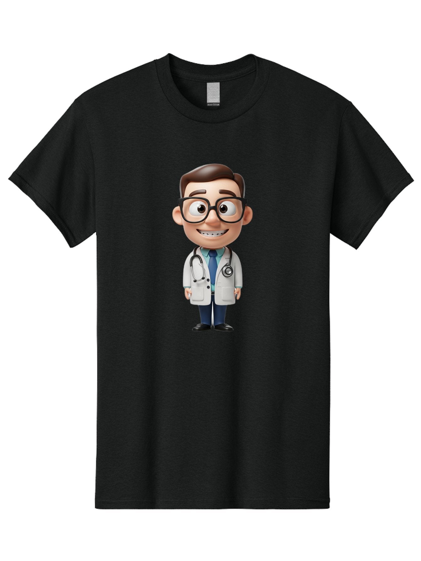 Cartoon-Doctor Men'S Graphic Tee, 100% Cotton, Comfortable Casual Summer Wear, Machine Washable, Cartoon Doctor, 3D Character, Medical Professional, Stethoscope Around Neck, White Lab Coat, Blue Tie, Black Glasses, Friendly Smile, Baa256 11