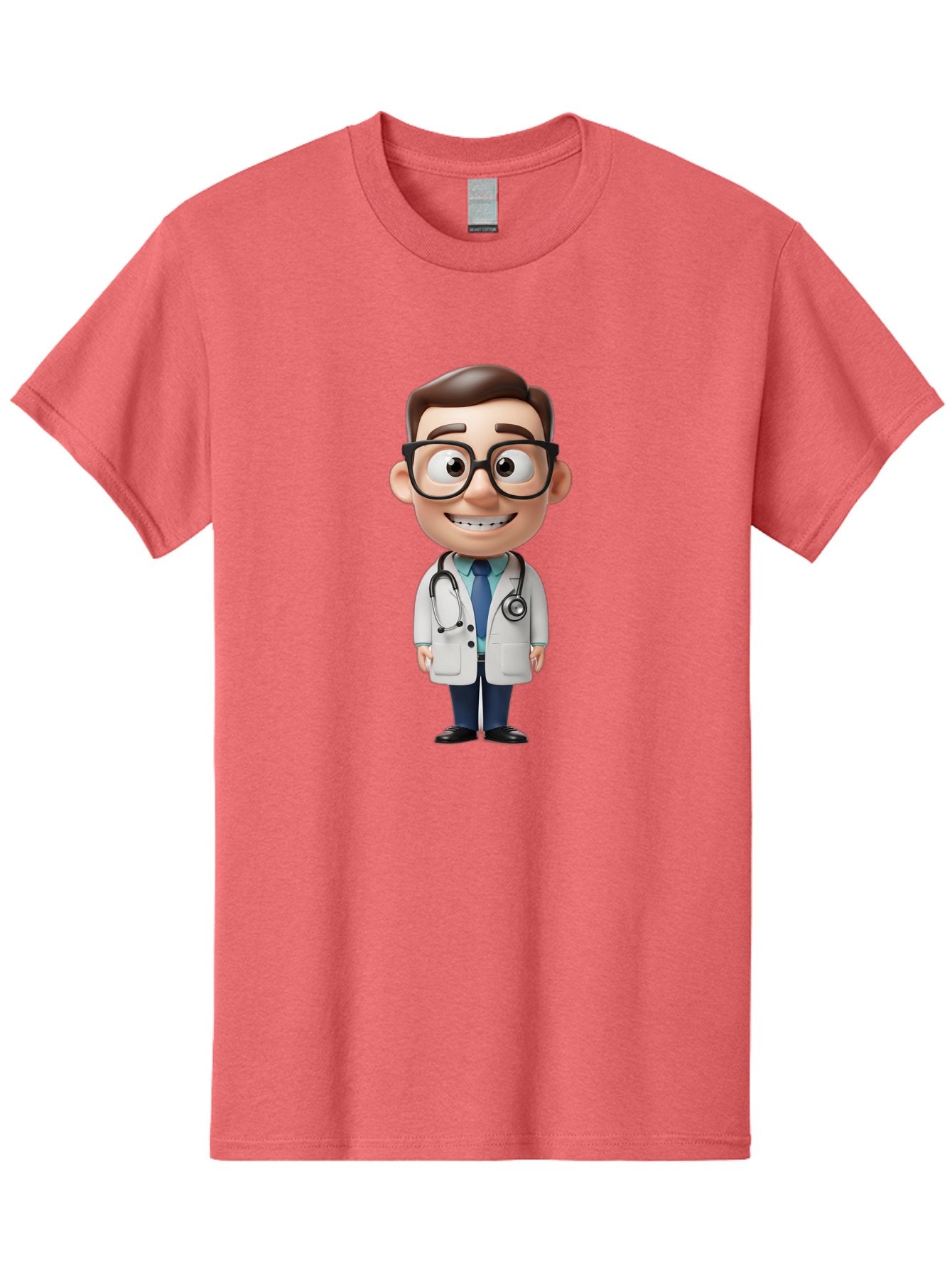 Cartoon-Doctor Men'S Graphic Tee, 100% Cotton, Comfortable Casual Summer Wear, Machine Washable, Cartoon Doctor, 3D Character, Medical Professional, Stethoscope Around Neck, White Lab Coat, Blue Tie, Black Glasses, Friendly Smile, Baa256 13