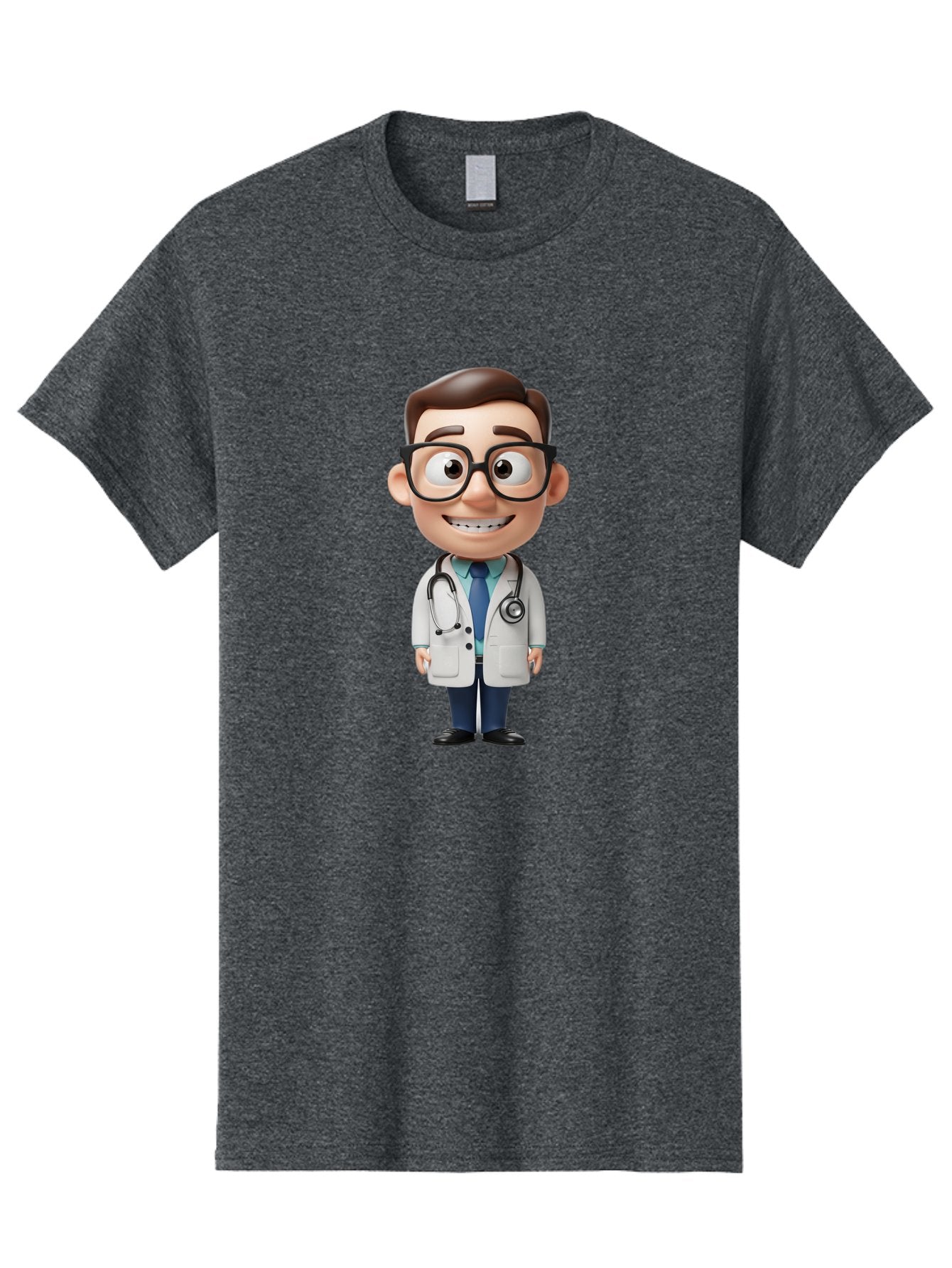Cartoon-Doctor Men'S Graphic Tee, 100% Cotton, Comfortable Casual Summer Wear, Machine Washable, Cartoon Doctor, 3D Character, Medical Professional, Stethoscope Around Neck, White Lab Coat, Blue Tie, Black Glasses, Friendly Smile, Baa256 9