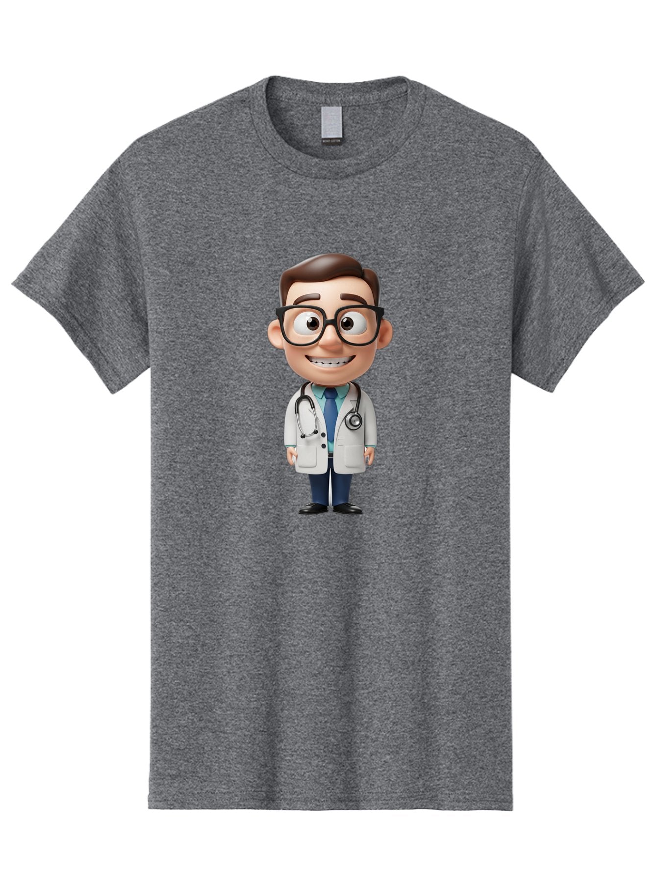 Cartoon-Doctor Men'S Graphic Tee, 100% Cotton, Comfortable Casual Summer Wear, Machine Washable, Cartoon Doctor, 3D Character, Medical Professional, Stethoscope Around Neck, White Lab Coat, Blue Tie, Black Glasses, Friendly Smile, Baa256 8