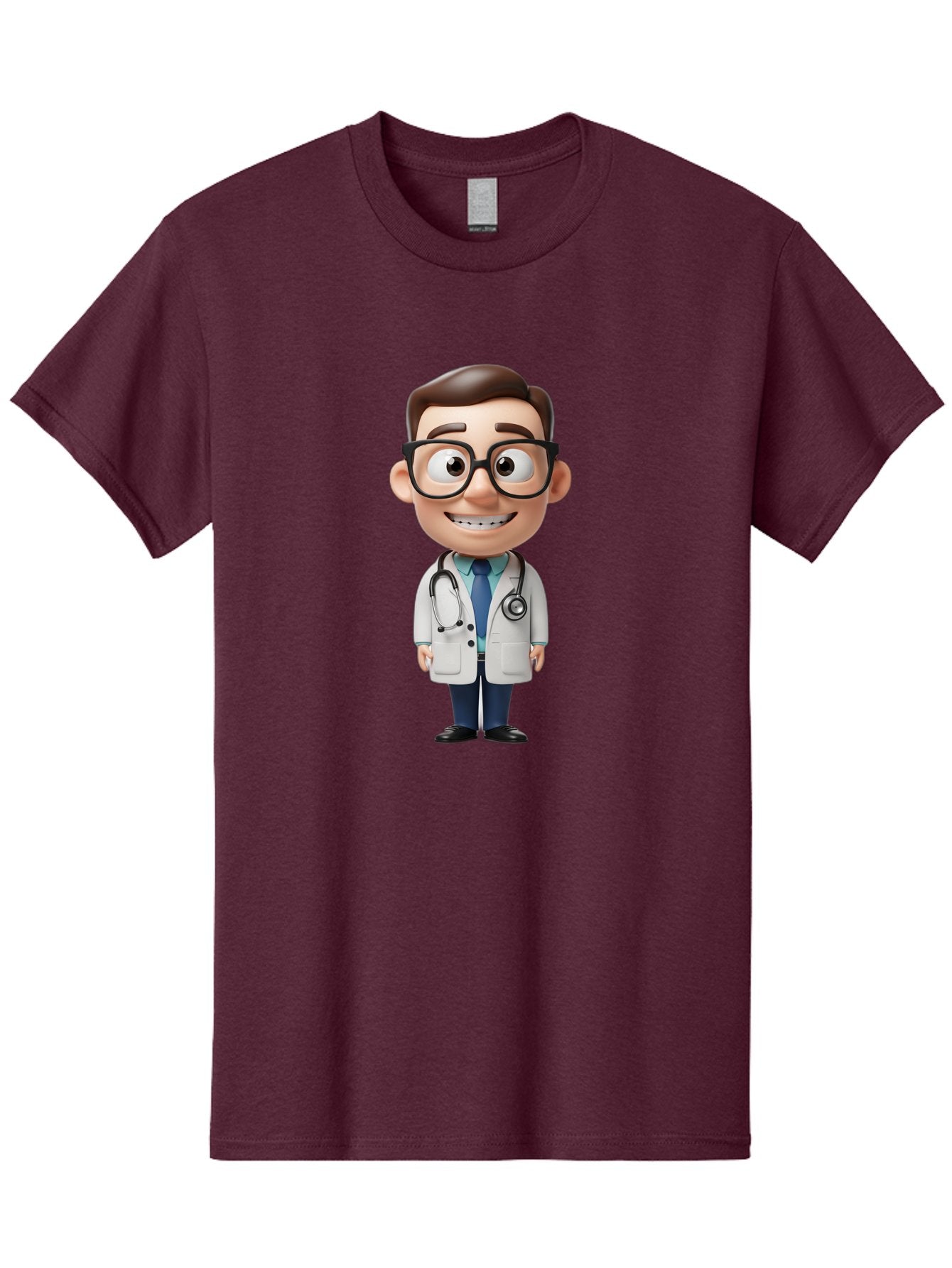 Cartoon-Doctor Men'S Graphic Tee, 100% Cotton, Comfortable Casual Summer Wear, Machine Washable, Cartoon Doctor, 3D Character, Medical Professional, Stethoscope Around Neck, White Lab Coat, Blue Tie, Black Glasses, Friendly Smile, Baa256 14