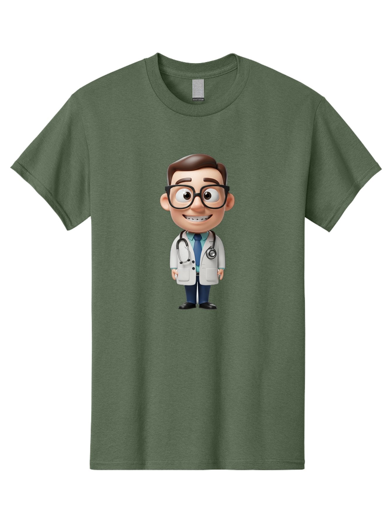 Cartoon-Doctor Men'S Graphic Tee, 100% Cotton, Comfortable Casual Summer Wear, Machine Washable, Cartoon Doctor, 3D Character, Medical Professional, Stethoscope Around Neck, White Lab Coat, Blue Tie, Black Glasses, Friendly Smile, Baa256