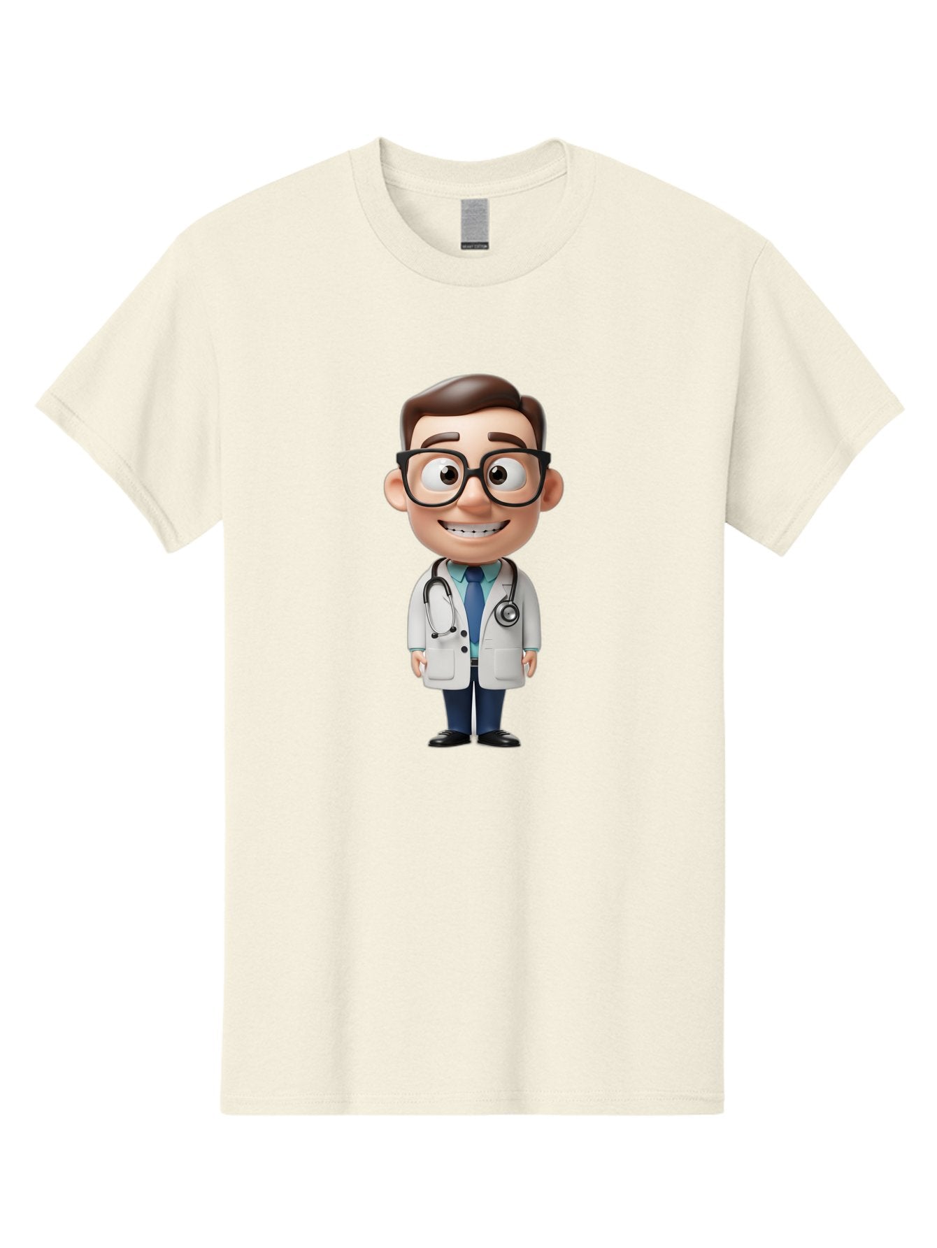 Cartoon-Doctor Men'S Graphic Tee, 100% Cotton, Comfortable Casual Summer Wear, Machine Washable, Cartoon Doctor, 3D Character, Medical Professional, Stethoscope Around Neck, White Lab Coat, Blue Tie, Black Glasses, Friendly Smile, Baa256 15