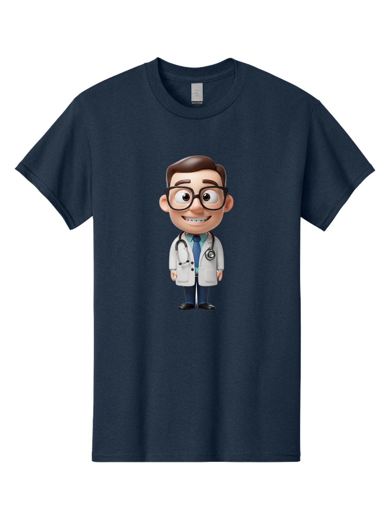 Cartoon-Doctor Men'S Graphic Tee, 100% Cotton, Comfortable Casual Summer Wear, Machine Washable, Cartoon Doctor, 3D Character, Medical Professional, Stethoscope Around Neck, White Lab Coat, Blue Tie, Black Glasses, Friendly Smile, Baa256 3