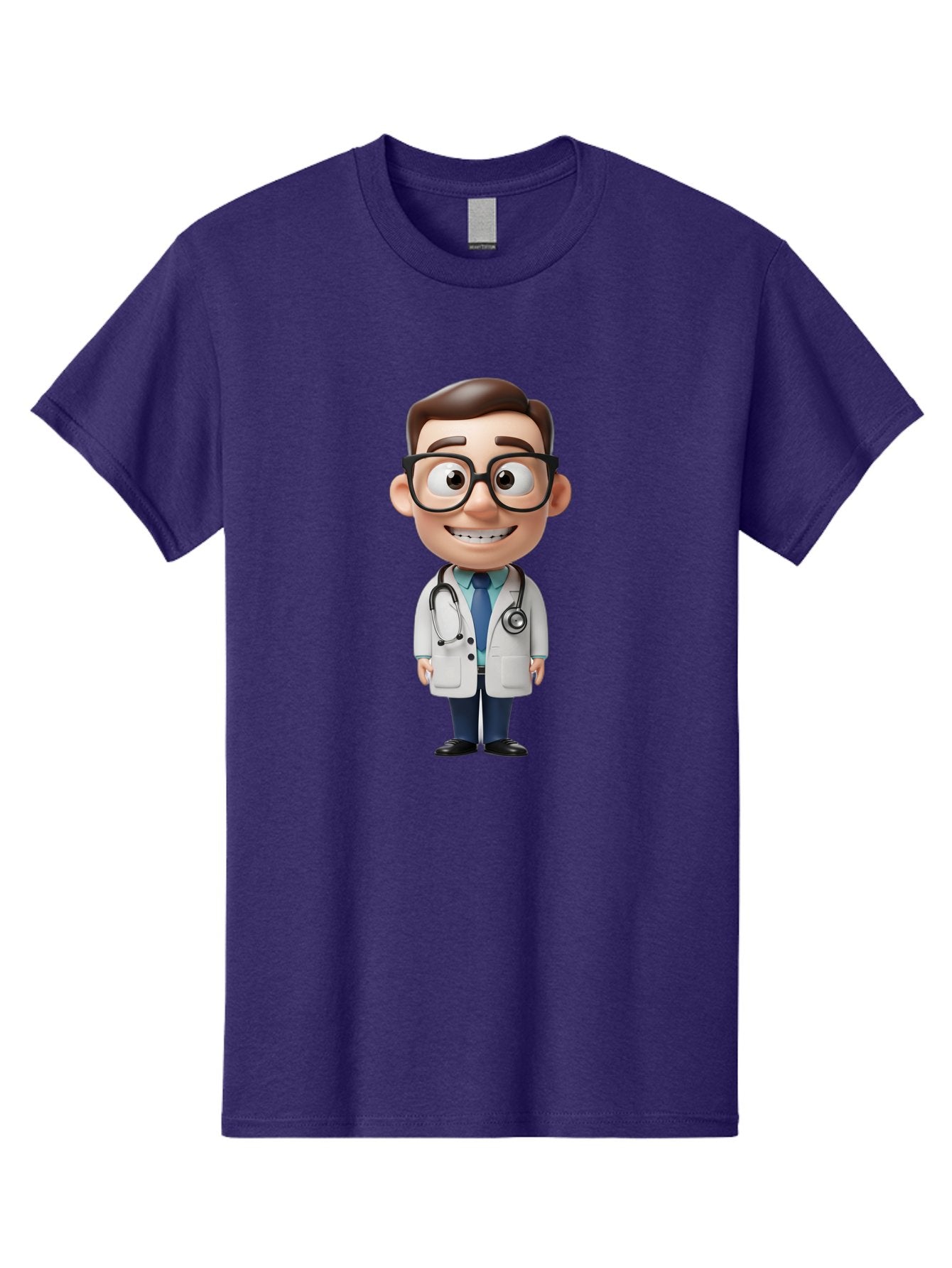 Cartoon-Doctor Men'S Graphic Tee, 100% Cotton, Comfortable Casual Summer Wear, Machine Washable, Cartoon Doctor, 3D Character, Medical Professional, Stethoscope Around Neck, White Lab Coat, Blue Tie, Black Glasses, Friendly Smile, Baa256 6
