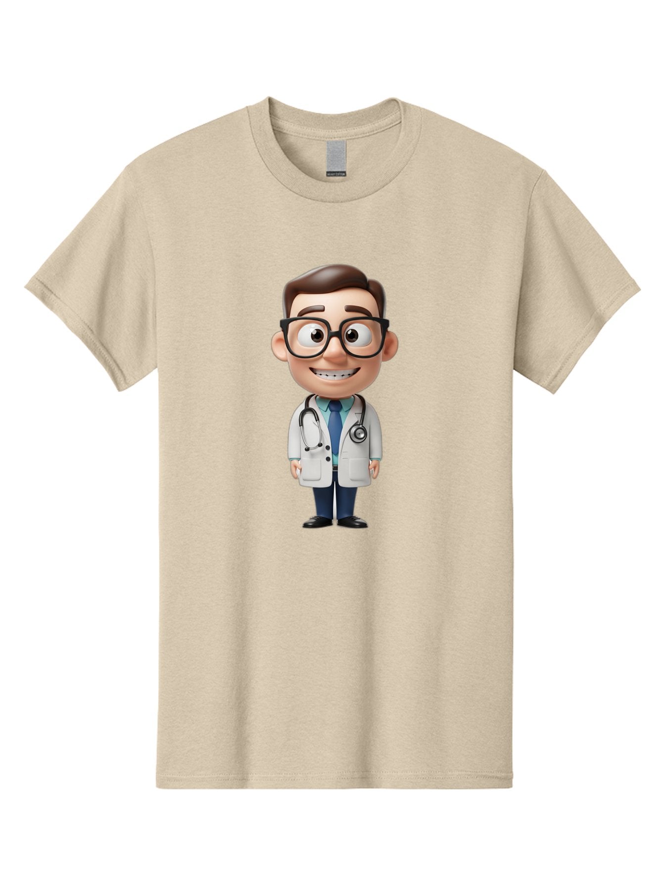 Cartoon-Doctor Men'S Graphic Tee, 100% Cotton, Comfortable Casual Summer Wear, Machine Washable, Cartoon Doctor, 3D Character, Medical Professional, Stethoscope Around Neck, White Lab Coat, Blue Tie, Black Glasses, Friendly Smile, Baa256 4